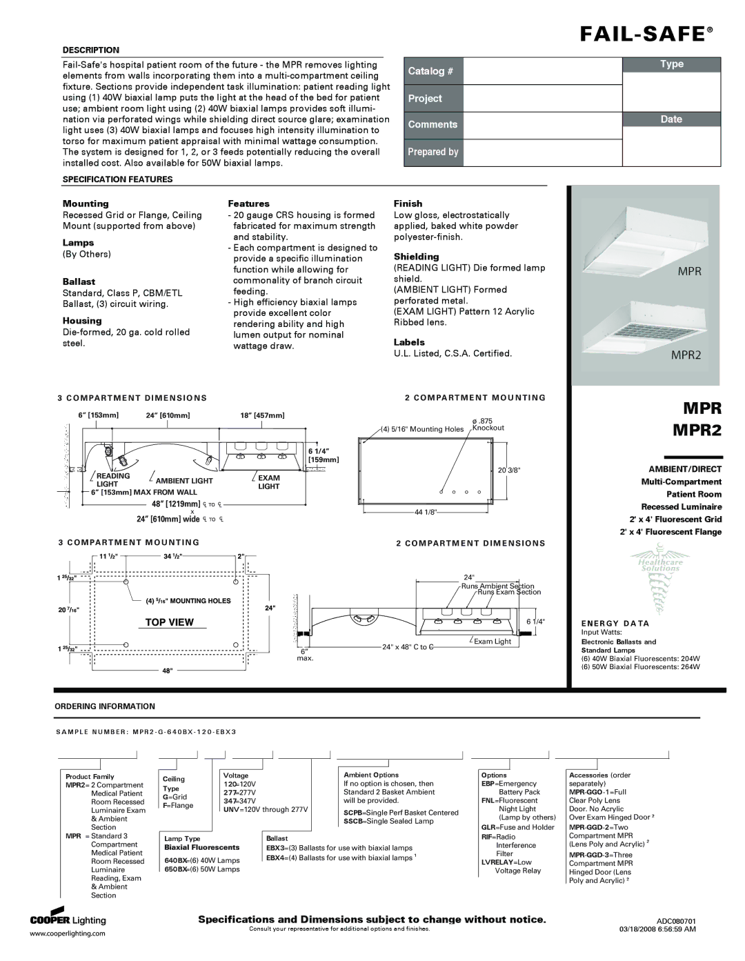 Cooper Lighting MPR2 specifications Mounting, Lamps, Ballast, Housing, Features, Finish, Shielding, Labels 