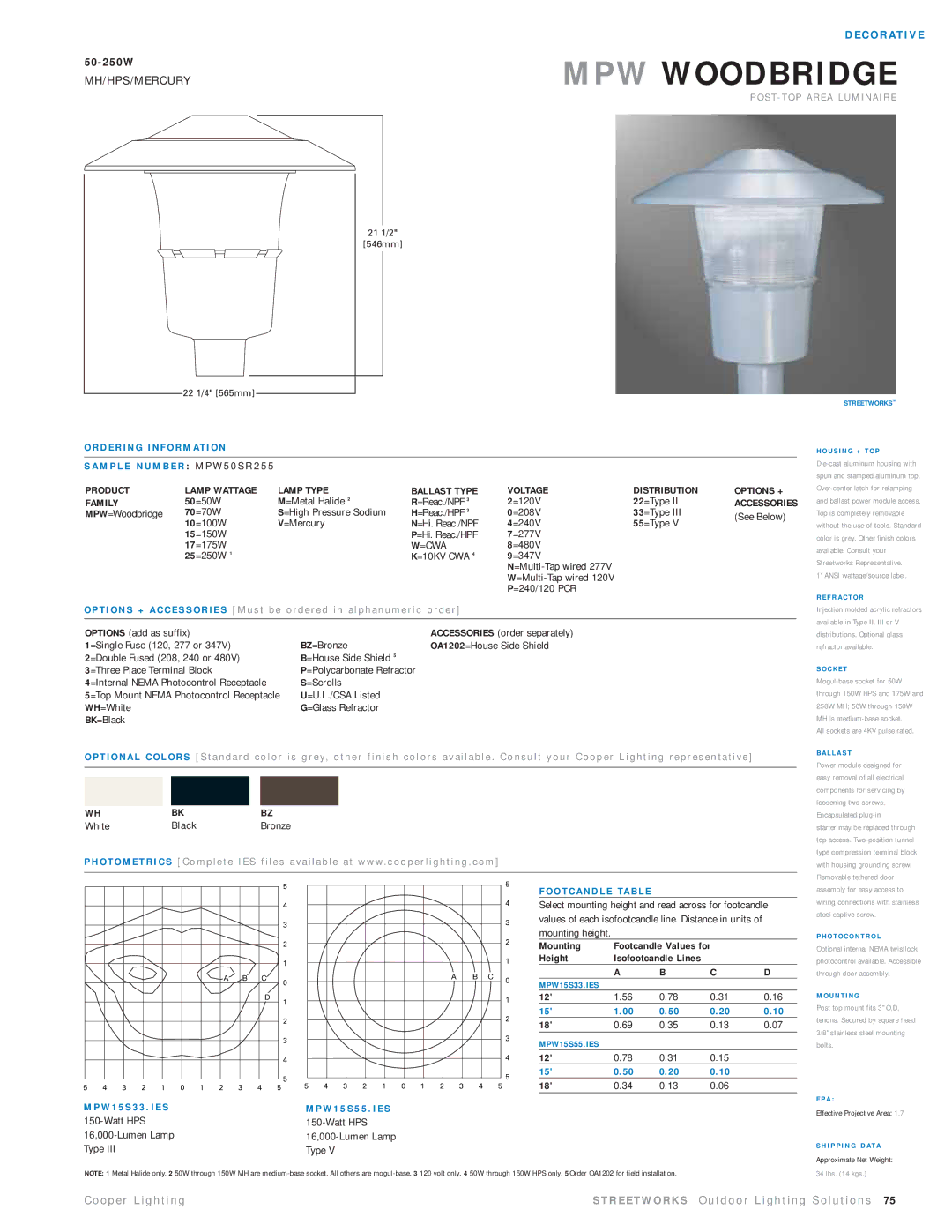 Cooper Lighting MPW50SR255 manual 50=50W, =120V 22=Type, MPW=Woodbridge 70=70W =High Pressure Sodium, =277V 17=175W 