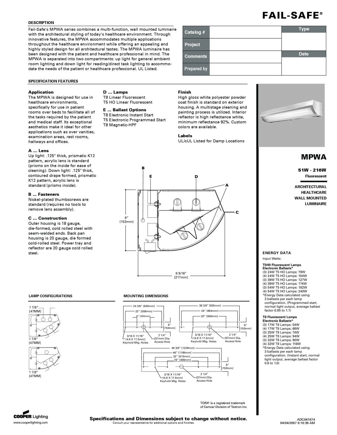 Cooper Lighting MPWA specifications 51W - 216W, Application, A ... Lens, B ... Fasteners, C ... Construction, D ... Lamps 