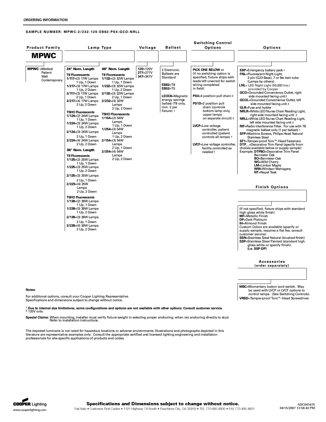 Cooper Lighting MPWC specifications Ordering Information 