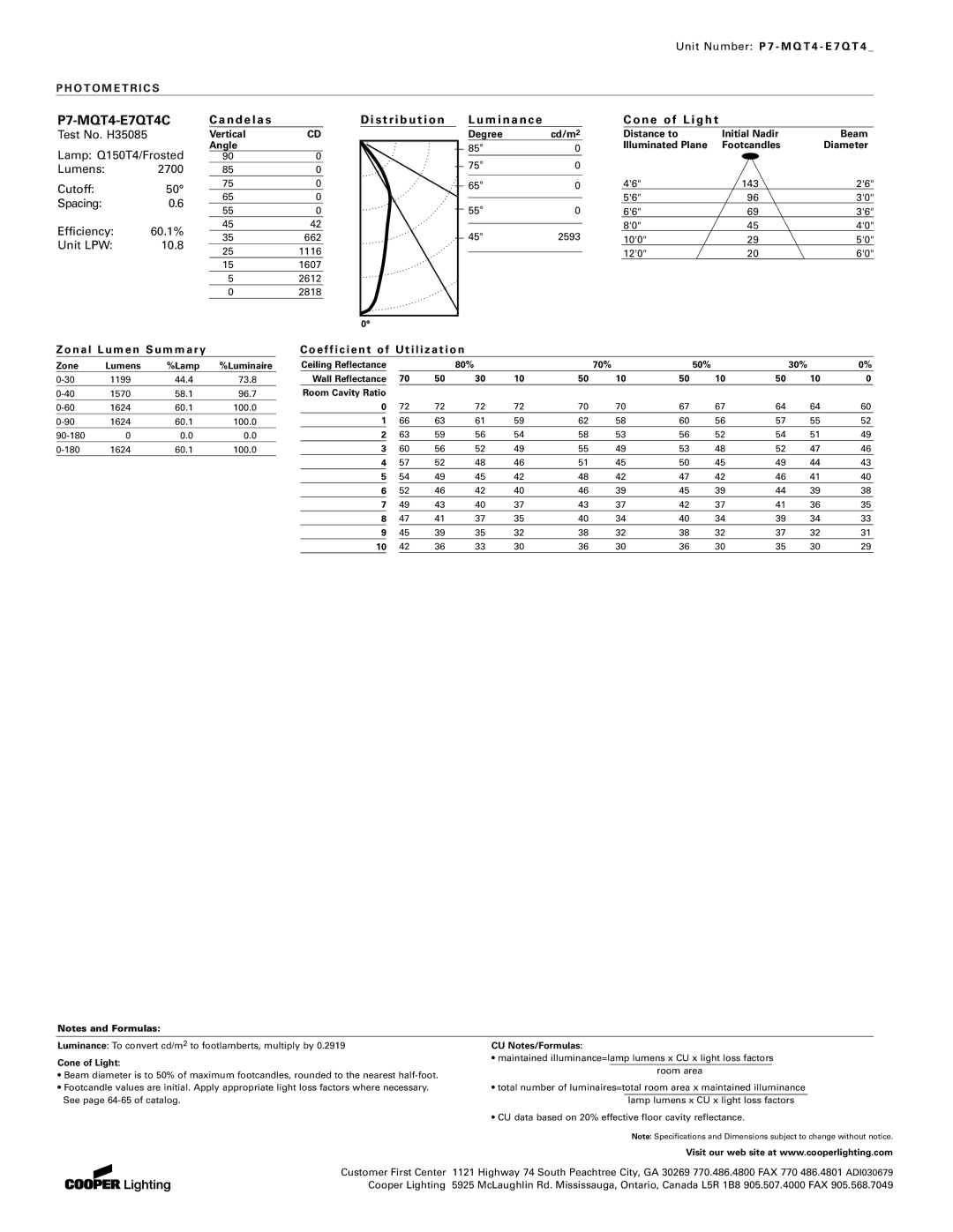 Cooper Lighting MQT4, E7QT4 manual Unit Number P 7 M Q T 4 E 7 Q T, Vertical, Degree cd/m2, Distance to Initial Nadir 