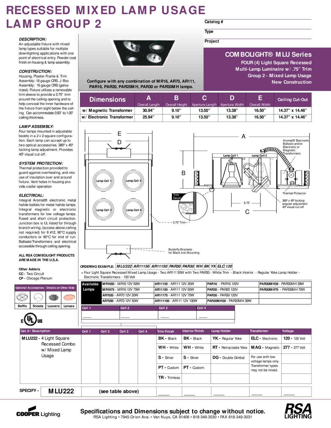 Cooper Lighting MR1650, MR1675, MLU222, AR7020, AR7050 dimensions Combolight MLU Series, Dimensions 