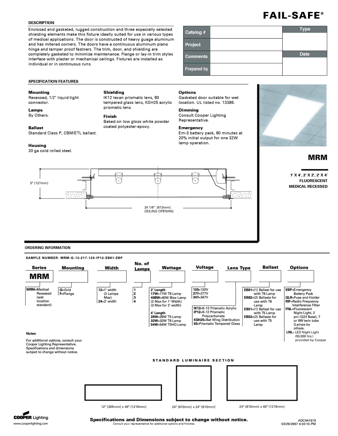 Cooper Lighting MRM specifications Description, Specification Features, Fluorescent Medical Recessed, Ordering Information 