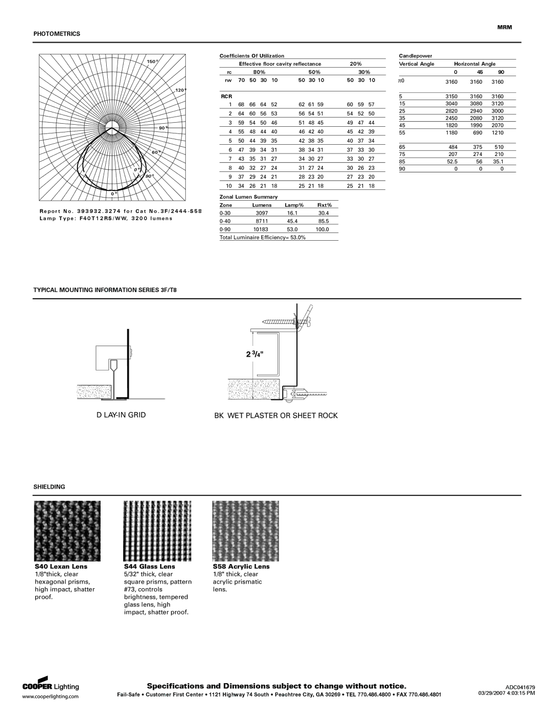 Cooper Lighting MRM specifications Photometrics, Typical Mounting Information Series 3F/T8, Shielding, Mrm, Rcr 