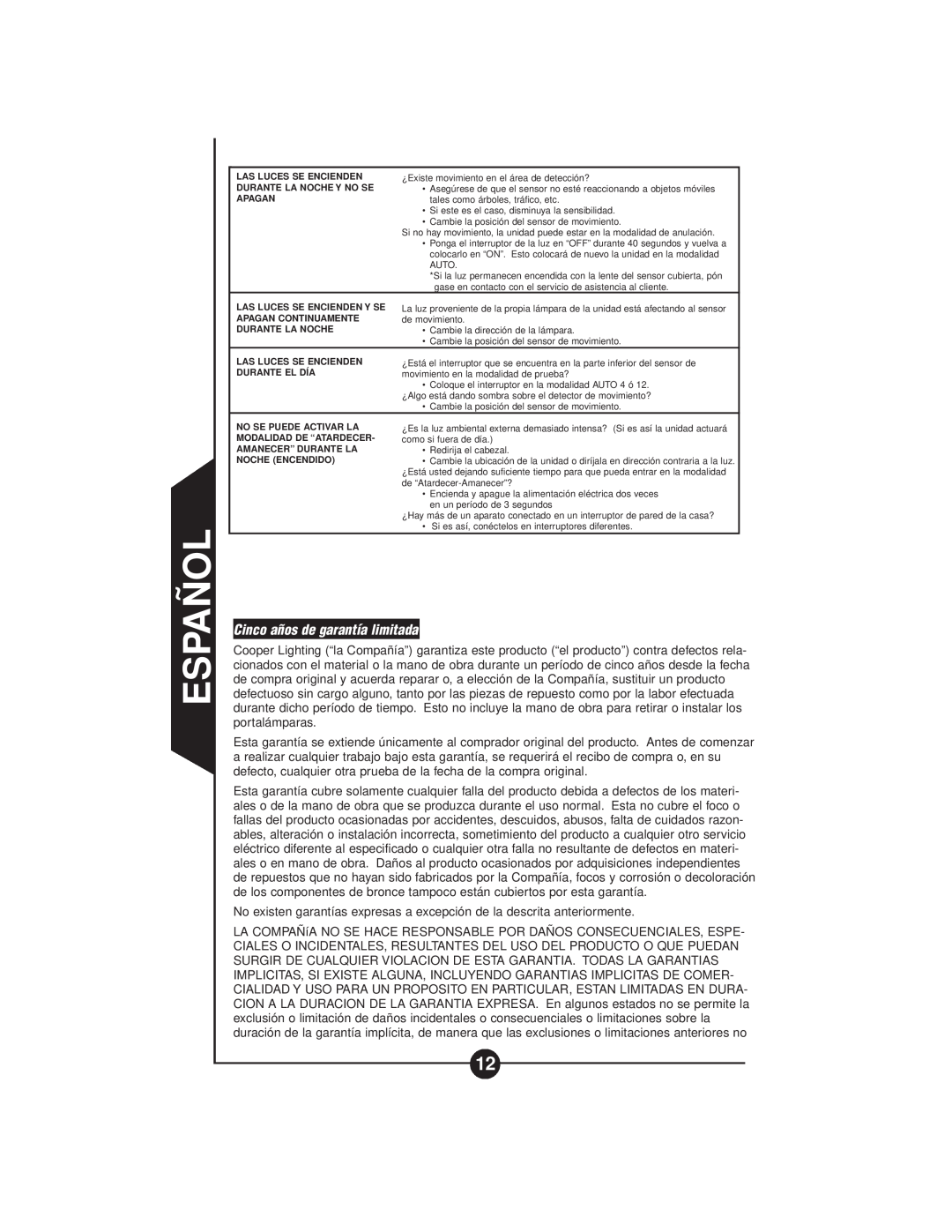 Cooper Lighting CMS188W, CMS188 MS188W instruction manual Cinco años de garantía limitada, Español 