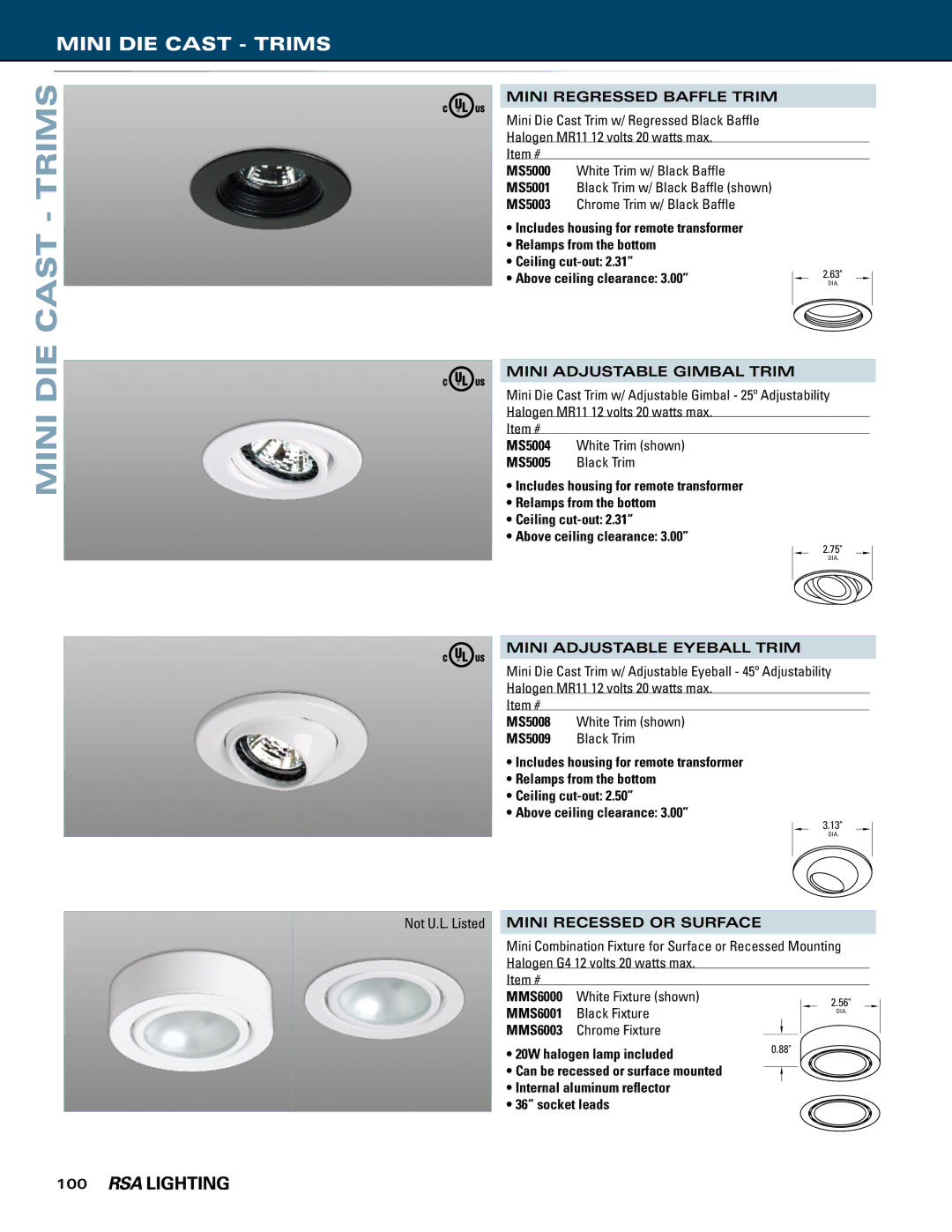 Cooper Lighting MS5003, MS5001, MS5000 manual Mini DIE Cast Trims, Mini Regressed Baffle Trim, Mini Adjustable Gimbal Trim 