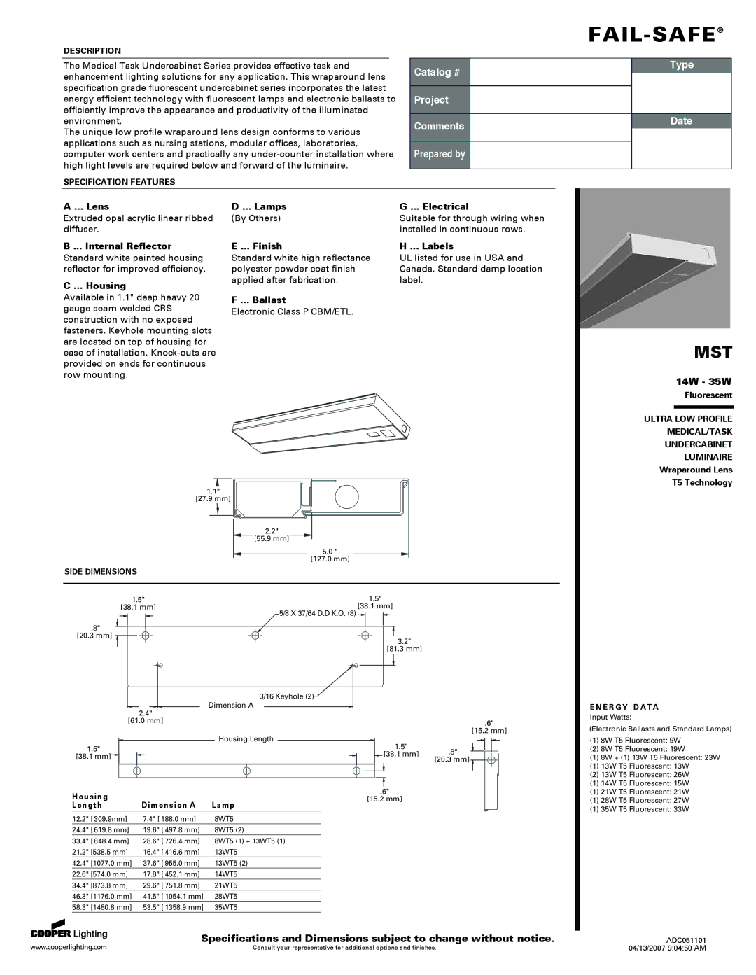 Cooper Lighting MST specifications 14W 35W, Description, Specification Features, Side Dimensions, E R G Y D Ata 