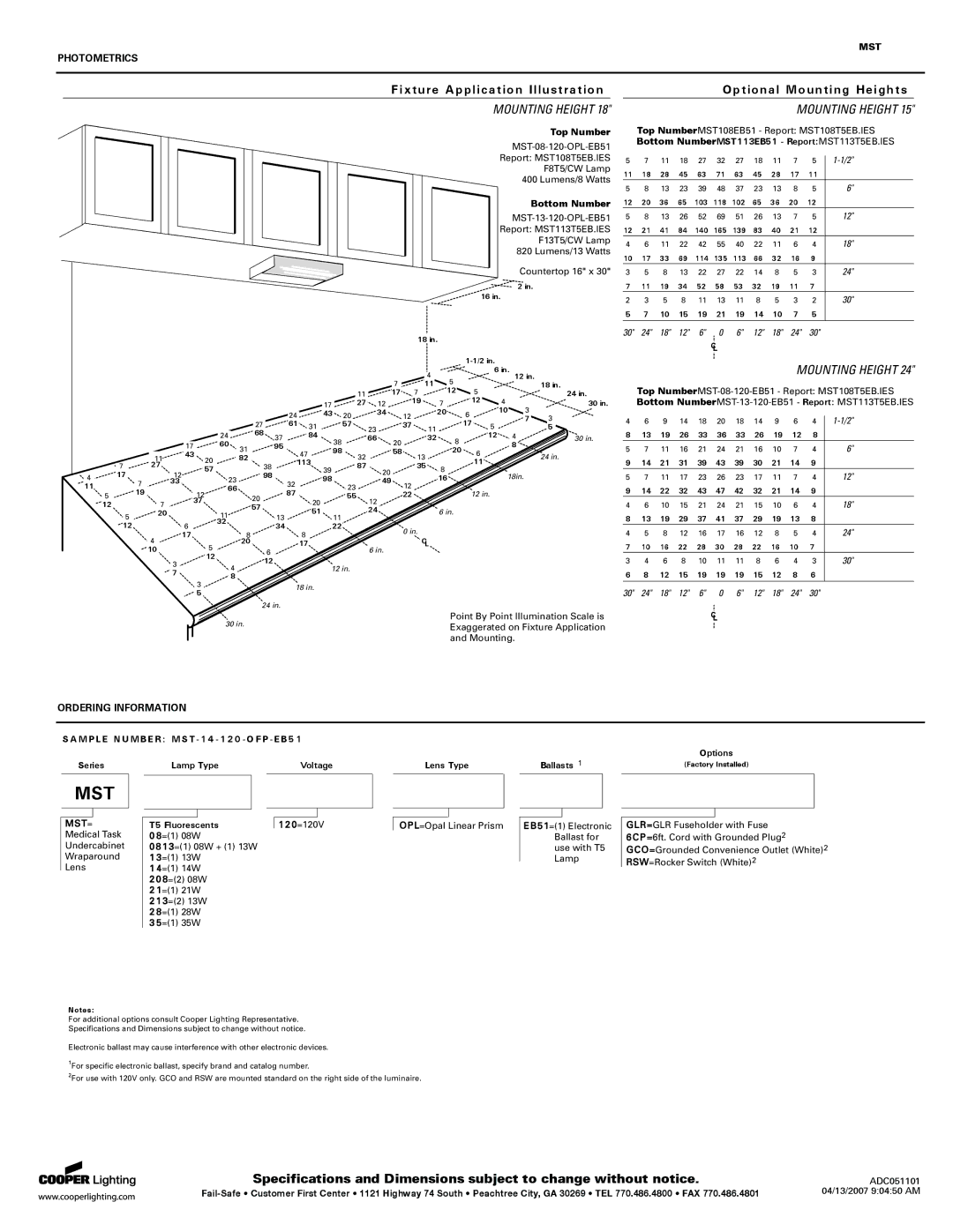 Cooper Lighting MST Fixture Application Illustration, Optional Mounting Heights, Photometrics, Ordering Information 