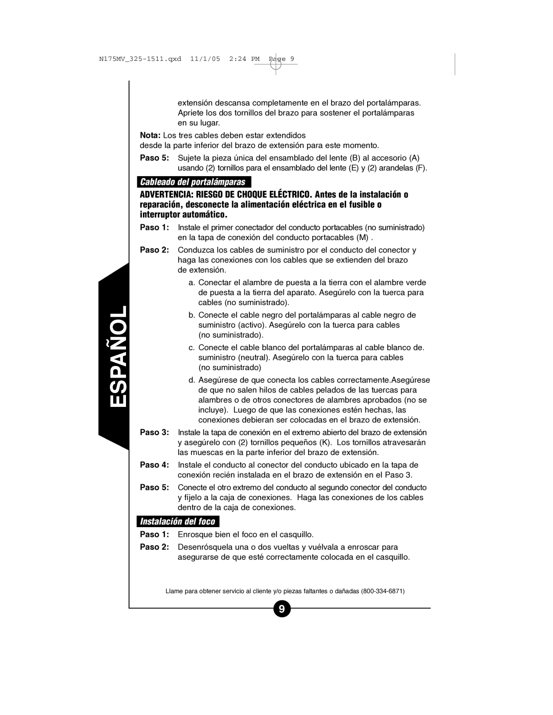 Cooper Lighting N175MV instruction manual Cableado del portalámparas, Instalación del foco 