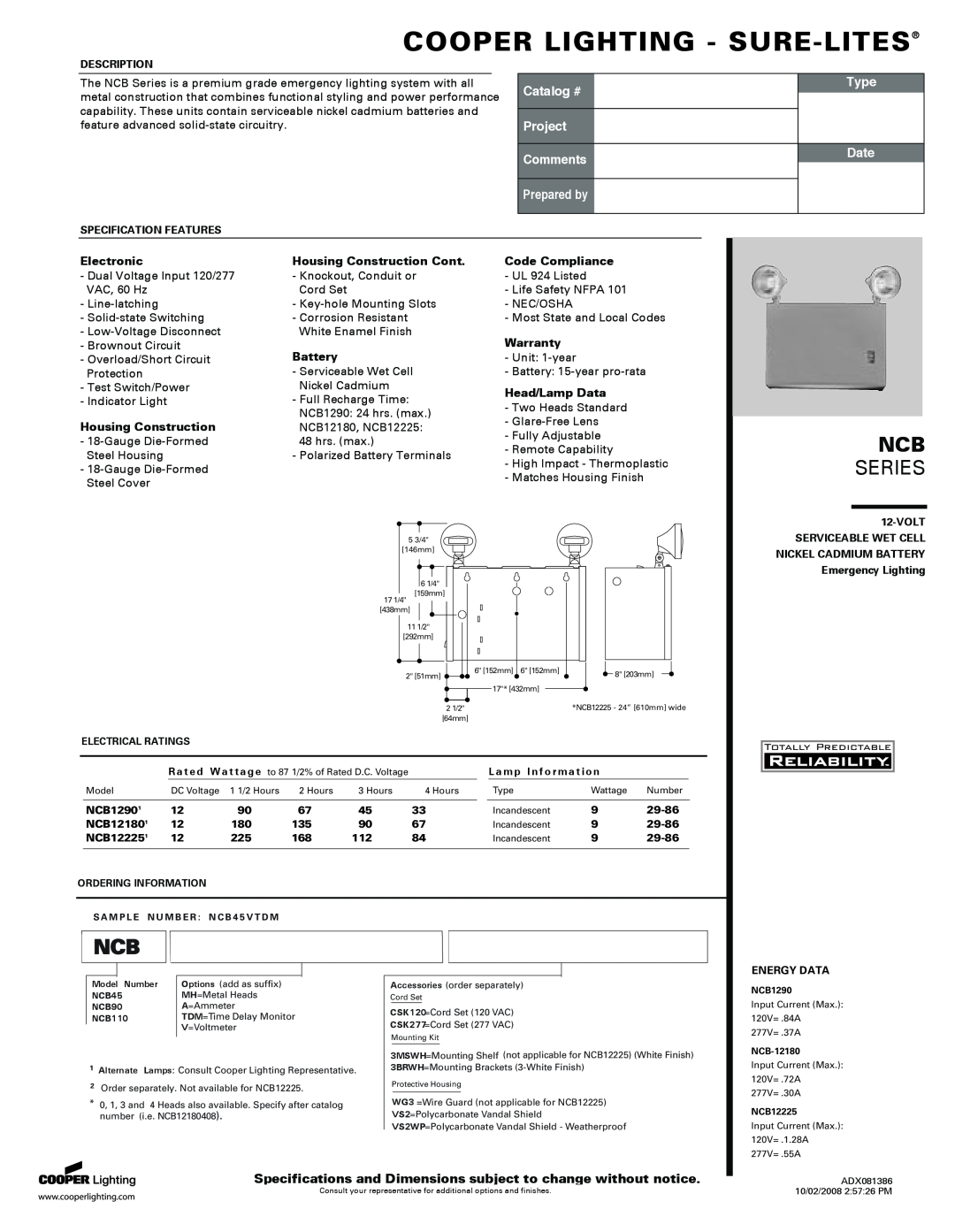 Cooper Lighting NCB specifications Specifications and Dimensions subject to change without notice, Series, Catalog #, Type 