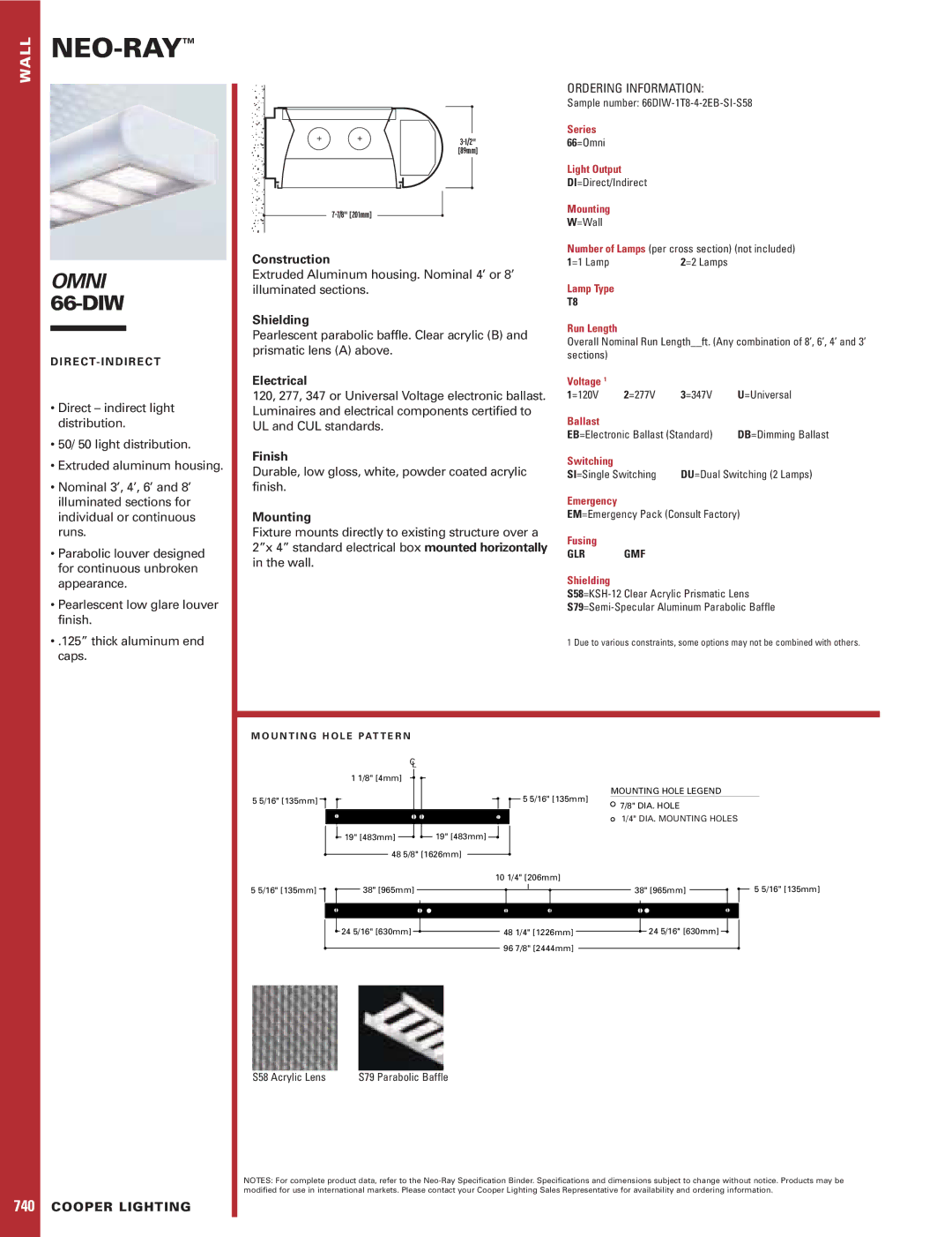 Cooper Lighting Omni 66-DIW specifications Construction, Shielding, Electrical, Finish, Mounting 