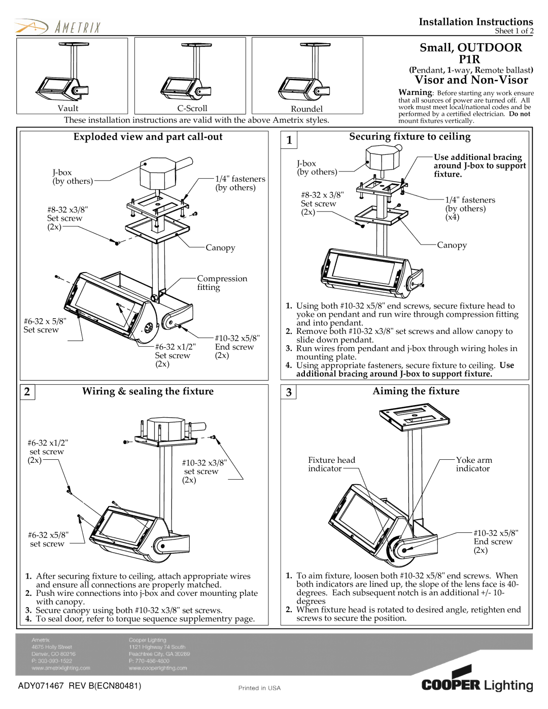 Cooper Lighting P1R installation instructions Small, Outdoor, Visor and Non-Visor, Installation Instructions 