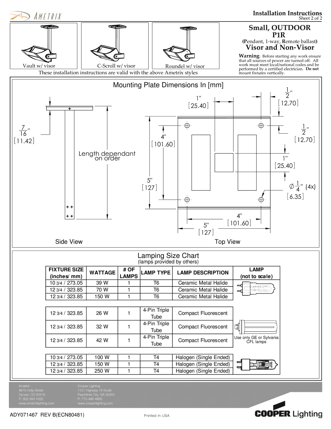 Cooper Lighting P1R Mounting Plate Dimensions In mm, Lamping Size Chart, Fixture Size Wattage Lamp Type Lamp Description 