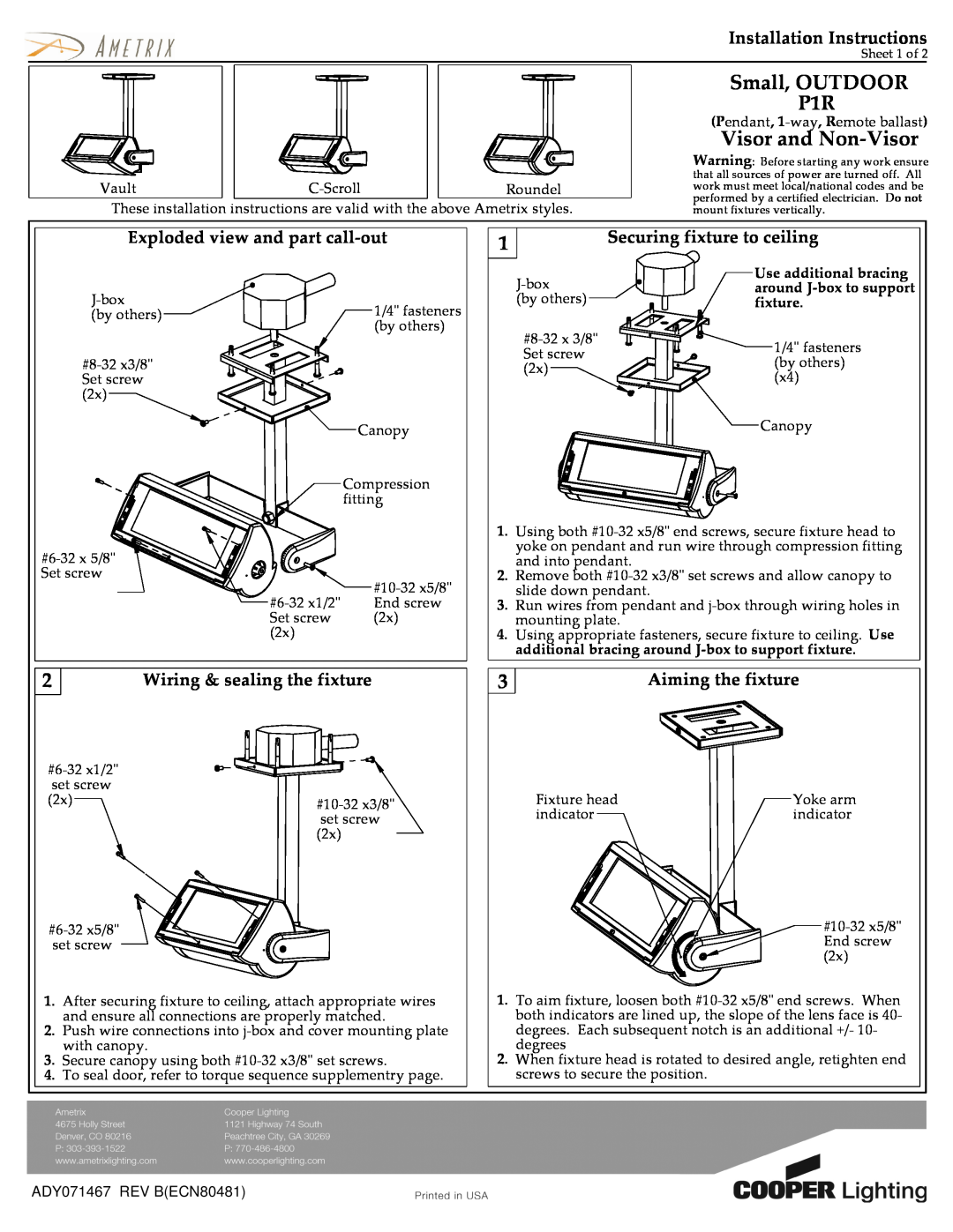 Cooper Lighting installation instructions Small, OUTDOOR P1R, Visor and Non-Visor, Installation Instructions 