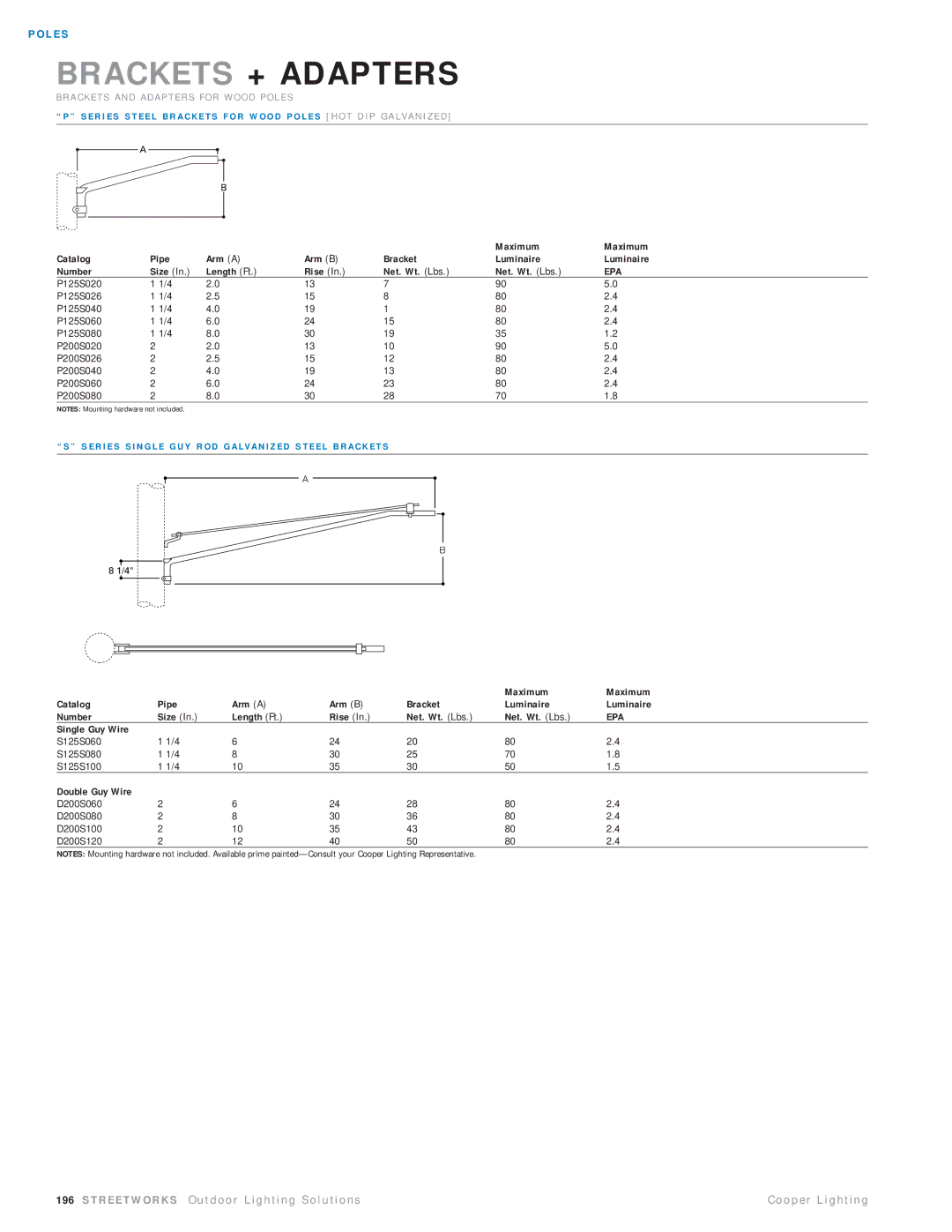 Cooper Lighting P200S020, P200S060, P200S026, P200S040, P125S060, P125S020, P125S026, P125S040 manual Brackets + Adapters, Epa 