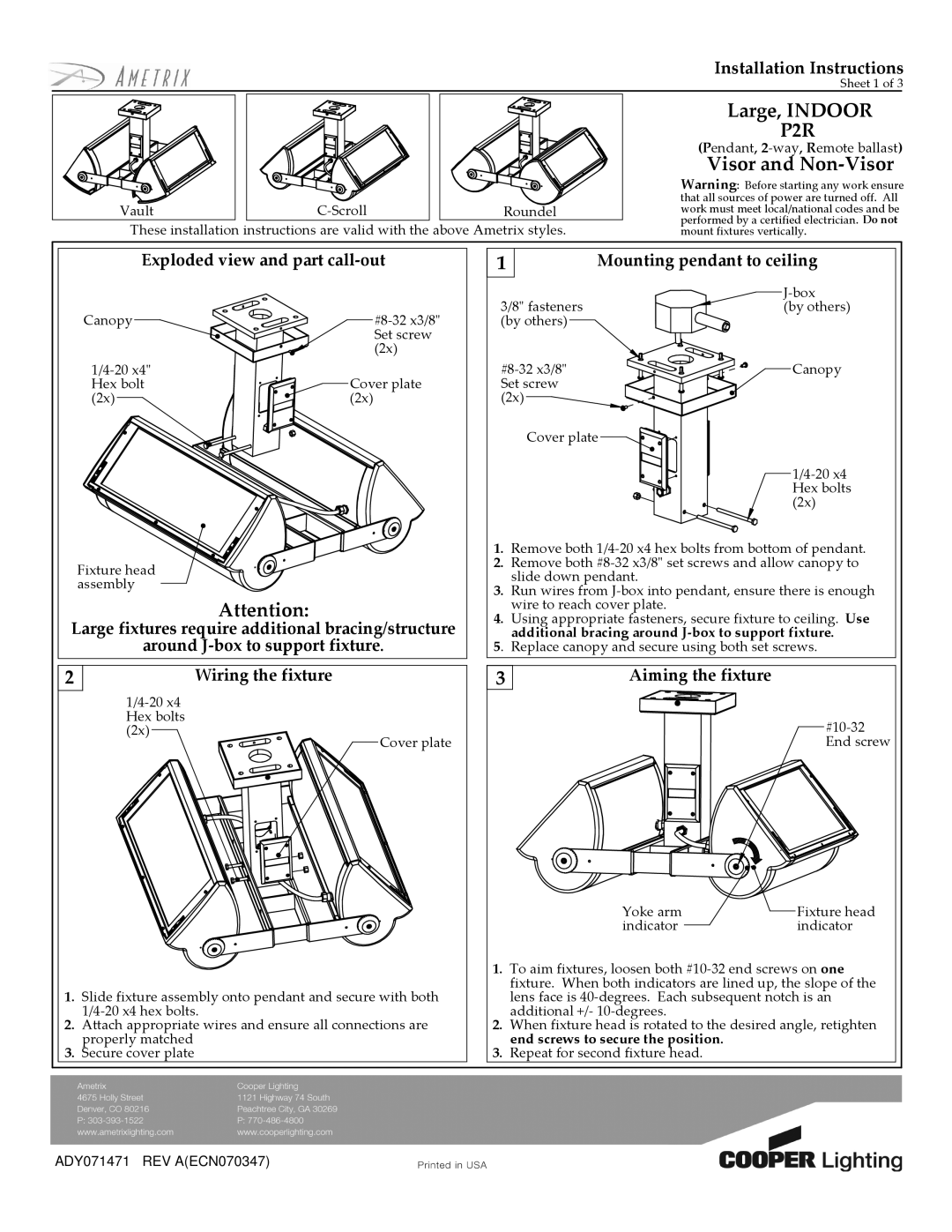 Cooper Lighting P2R installation instructions Large, Indoor, Visor and Non-Visor 