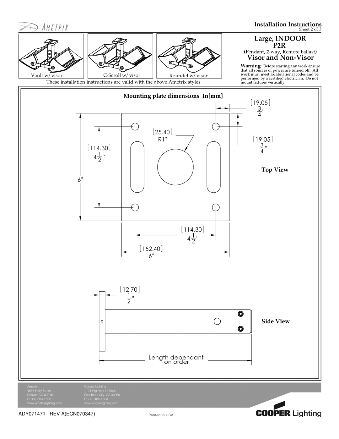 Cooper Lighting P2R installation instructions Mounting plate dimensions Inmm, 19.05 