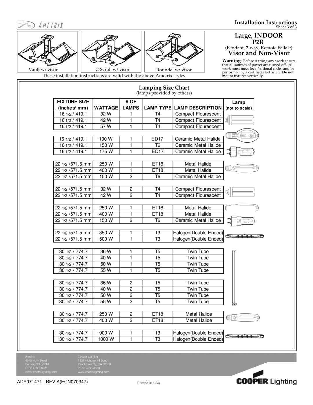 Cooper Lighting P2R installation instructions Fixture Size, Wattage Lamps Lamp Type Lamp Description 