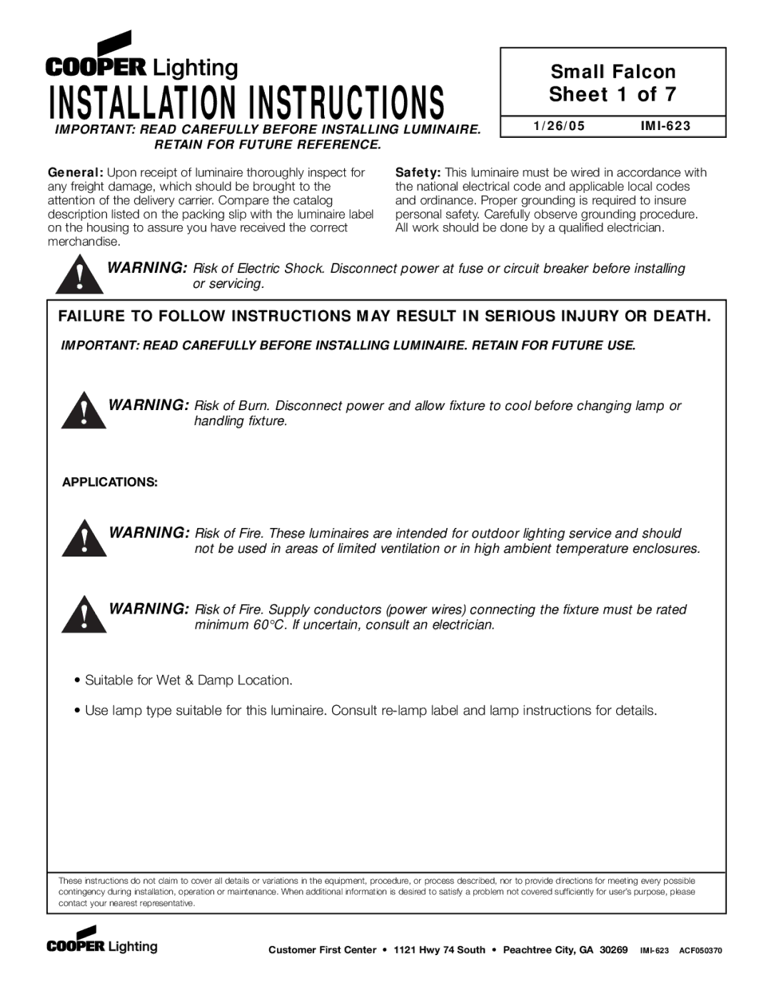 Cooper Lighting P4GE-MX installation instructions Sheet 1, 26/05 IMI-623 