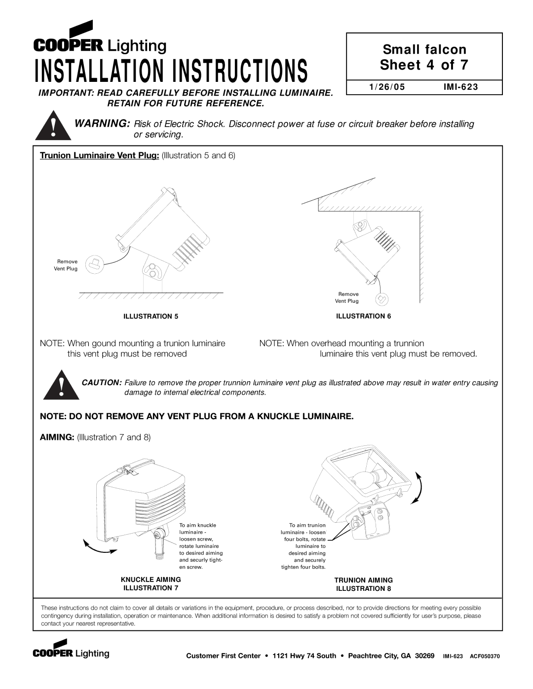 Cooper Lighting P4GE-MX installation instructions Sheet 4, 26/05 IMI-623 Trunion Luminaire Vent Plug Illustration 5 