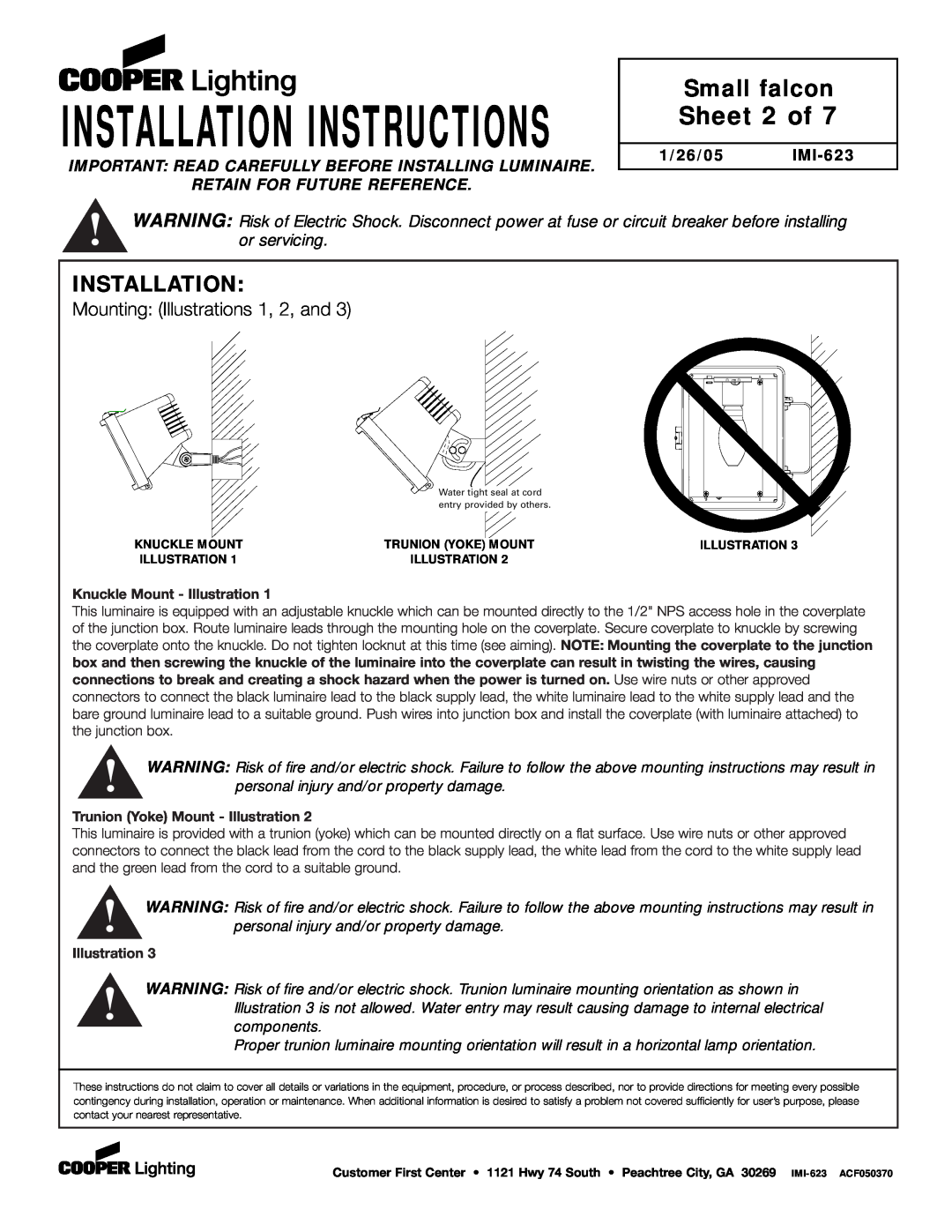 Cooper Lighting P4GE-MX Sheet 2 of, Small falcon, Installation Instructions, Mounting Illustrations 1, 2, and 