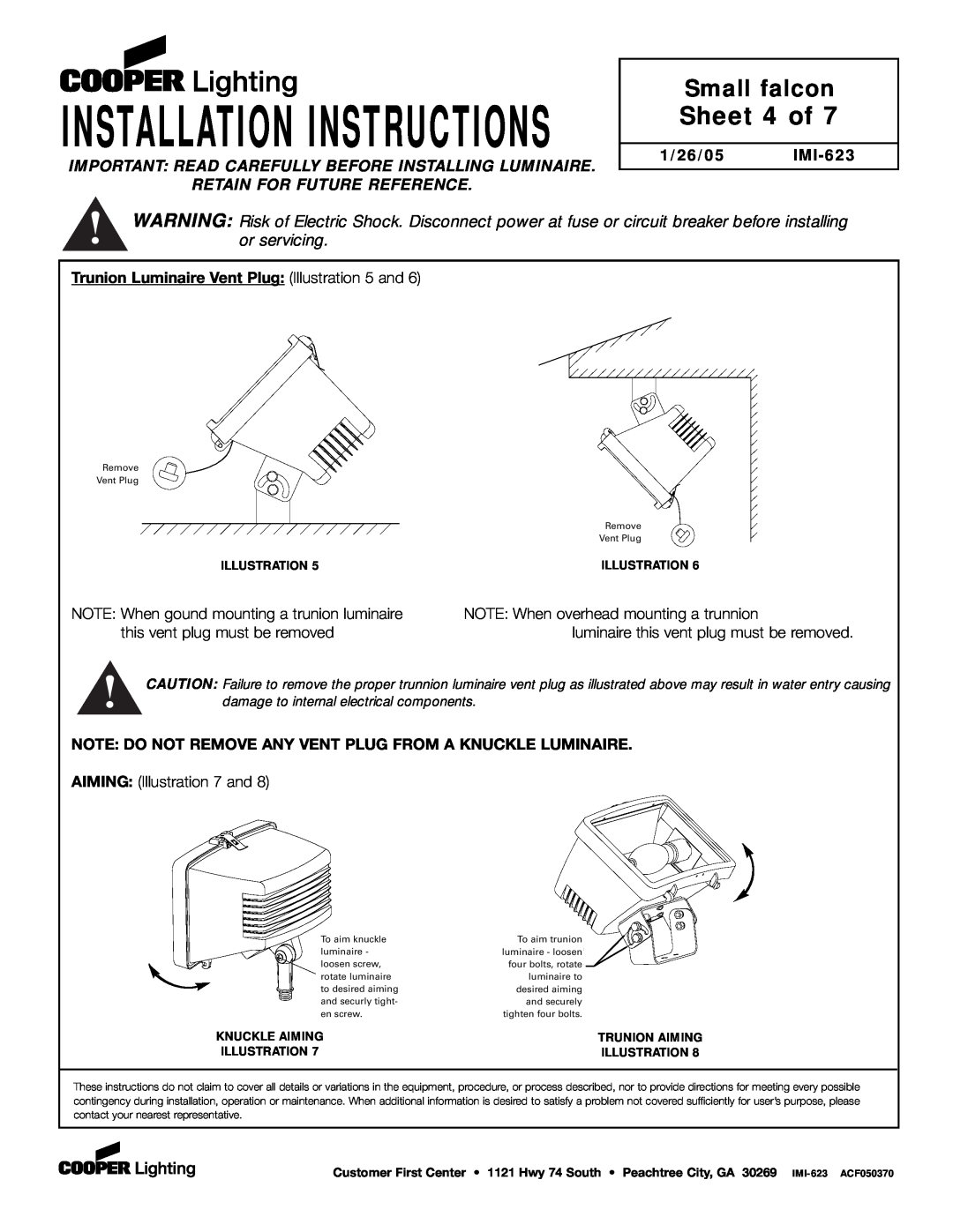 Cooper Lighting P4GE-MX Sheet 4 of, Trunion Luminaire Vent Plug Illustration 5 and, Installation Instructions 
