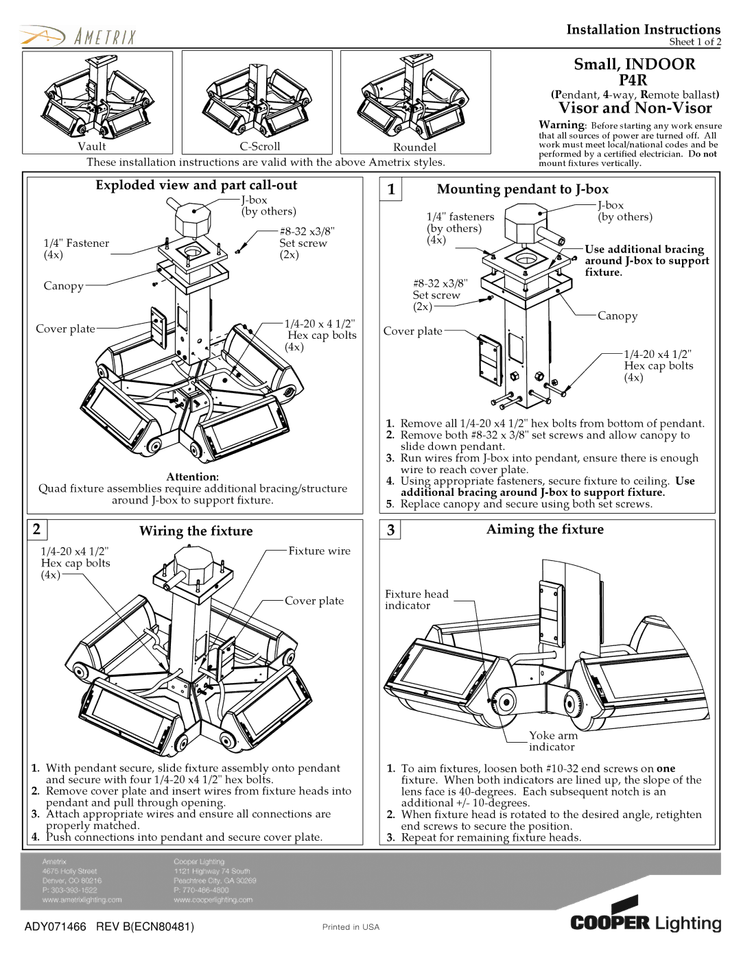 Cooper Lighting P4R installation instructions Small, Indoor, Visor and Non-Visor 