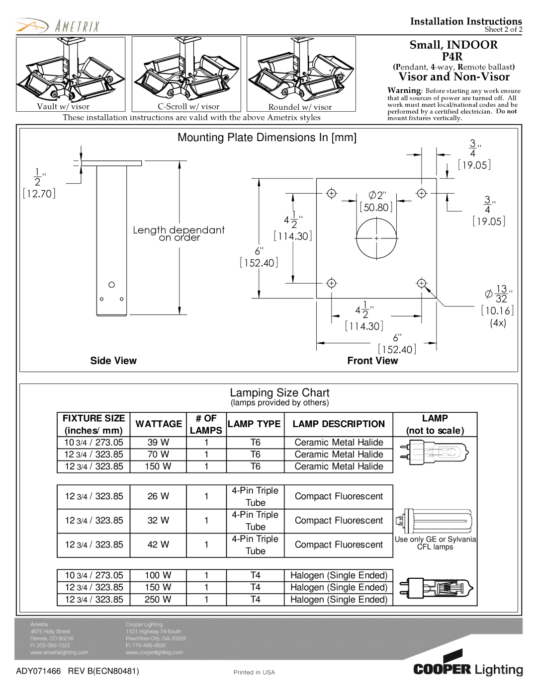 Cooper Lighting P4R Mounting Plate Dimensions In mm, Lamping Size Chart, 50.80 114.30 152.40, 19.05 10.16 