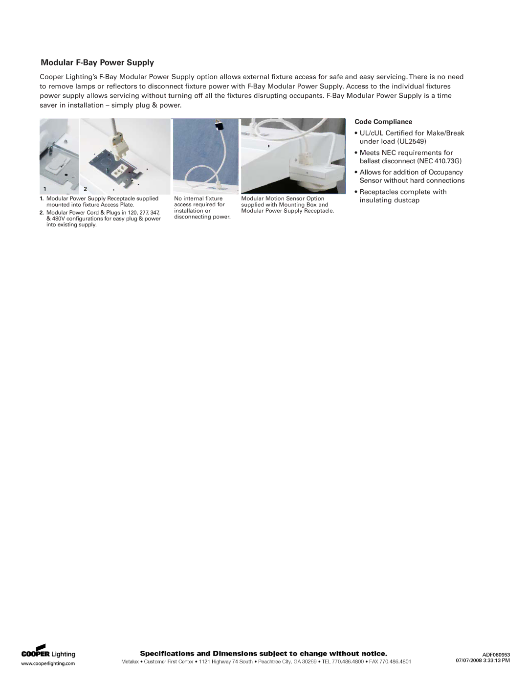 Cooper Lighting P4S333 specifications Modular F-Bay Power Supply 