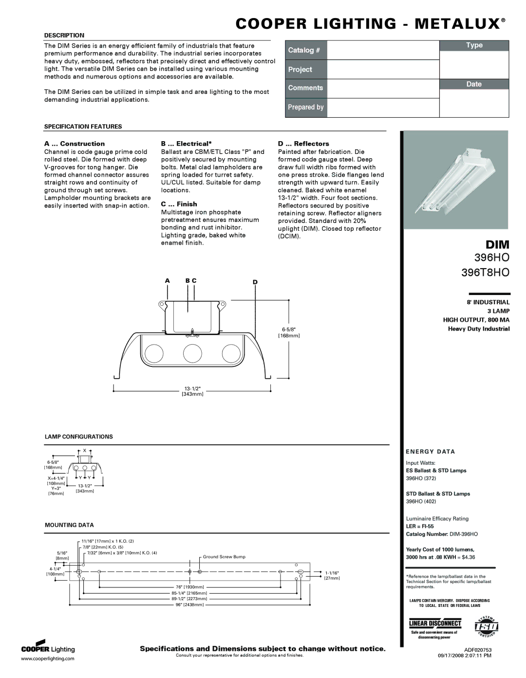 Cooper Lighting P4S8X-MX specifications Construction, Electrical, Finish, Reflectors 