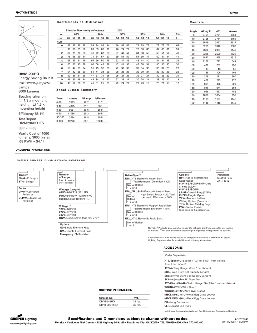 Cooper Lighting P4S8X-X specifications Photometrics, Ordering Information, Shipping Information, Accessories 