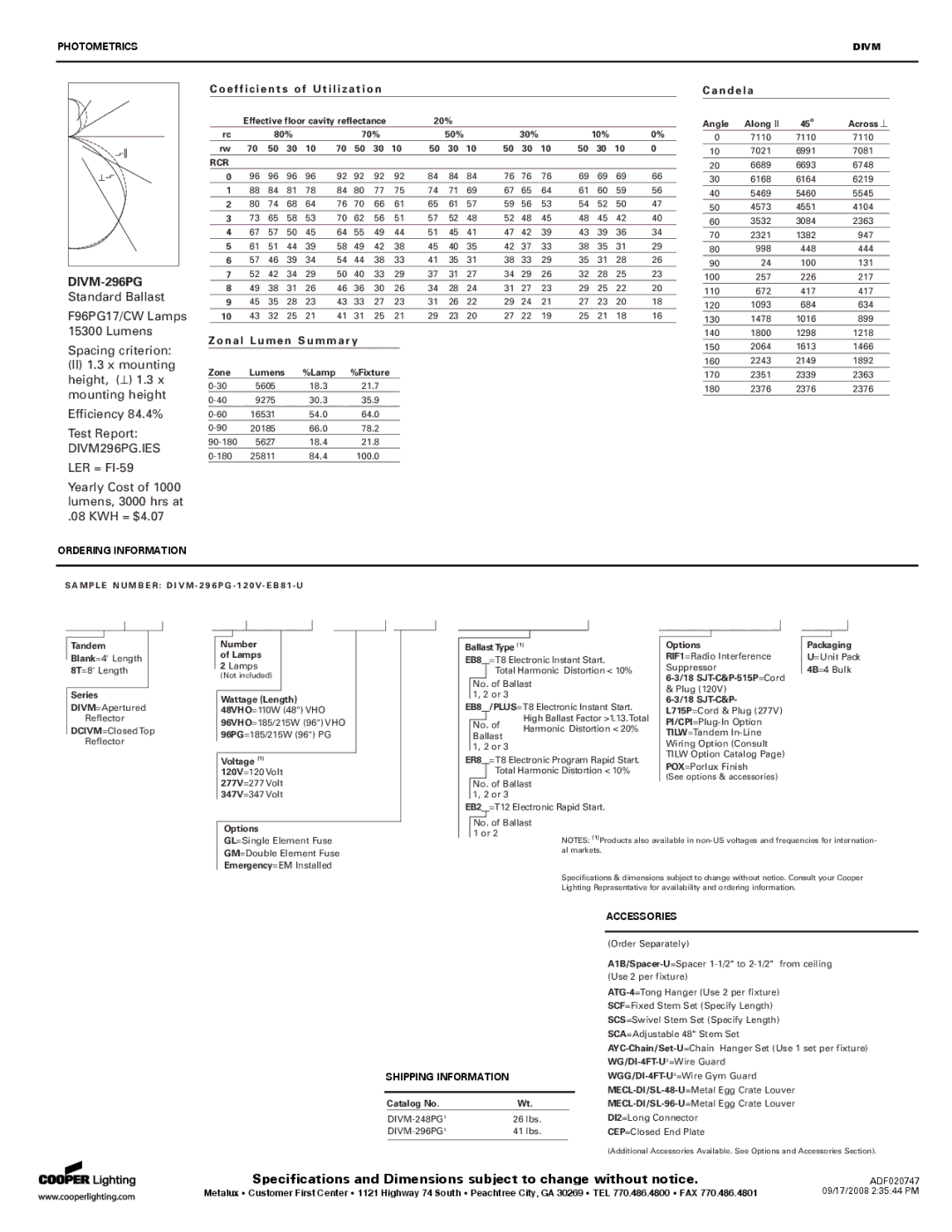 Cooper Lighting P4SP-MX SE specifications Photometrics, Ordering Information, Shipping Information, Accessories 