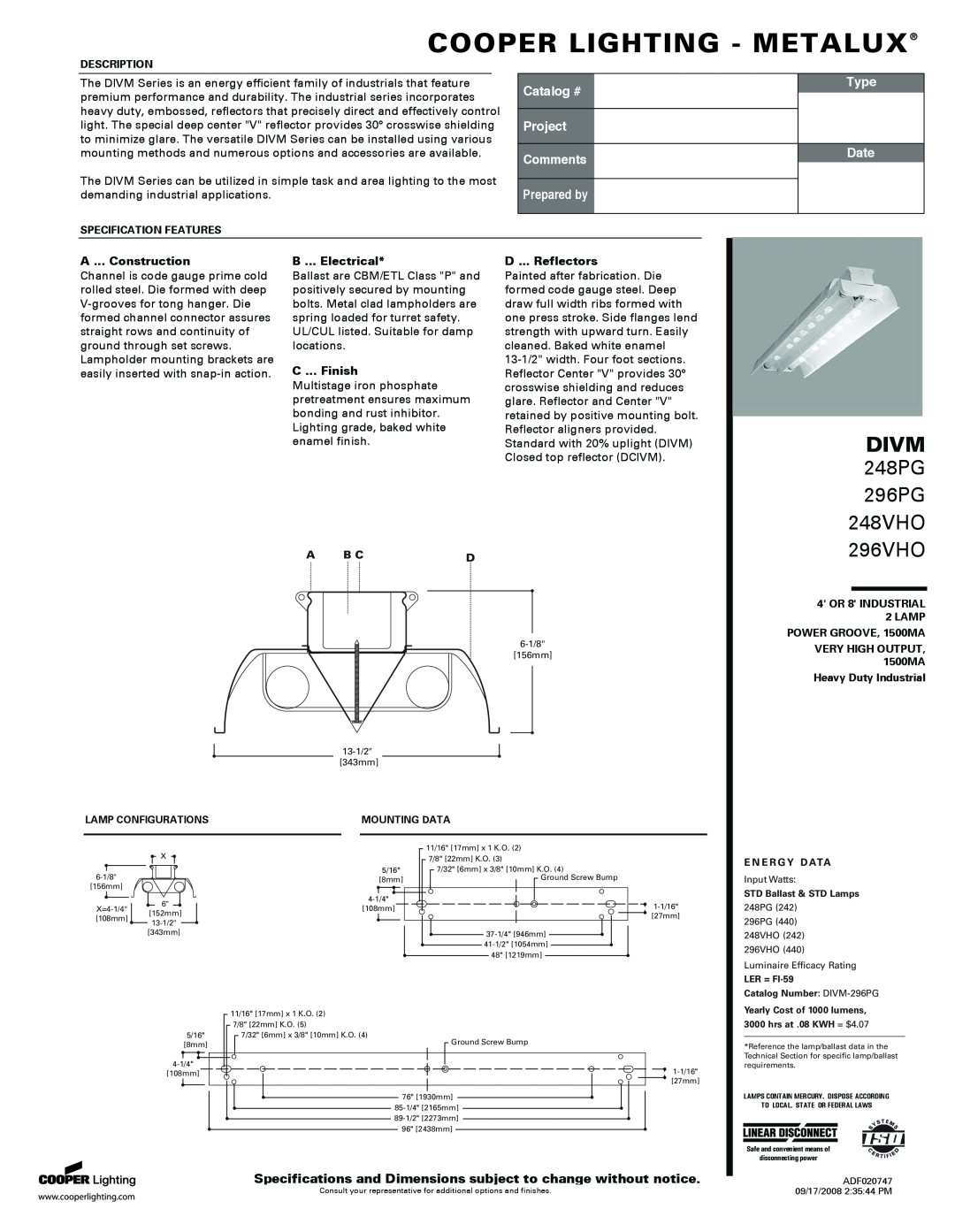 Cooper Lighting P4SP-MX SE specifications Cooper Lighting - Metalux, Divm, 248PG 296PG 248VHO, 296VHO, Catalog #, Type 
