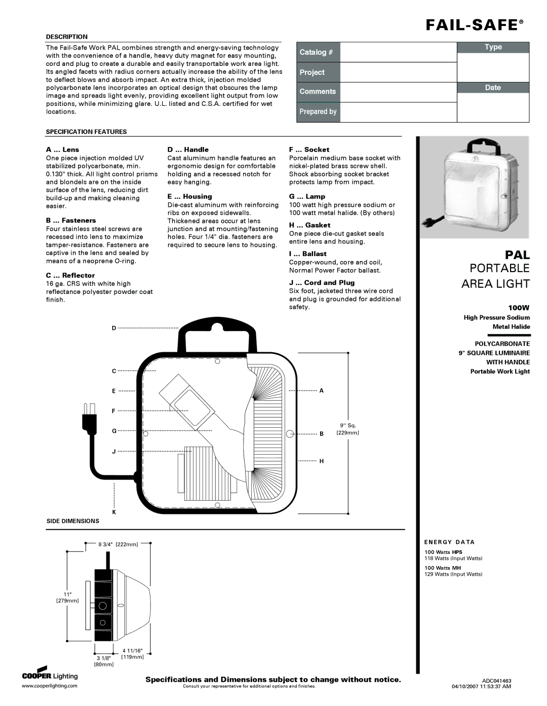 Cooper Lighting PAL specifications Lens, Fasteners, Reflector, Handle, Housing, Socket, Lamp, Gasket, Ballast 