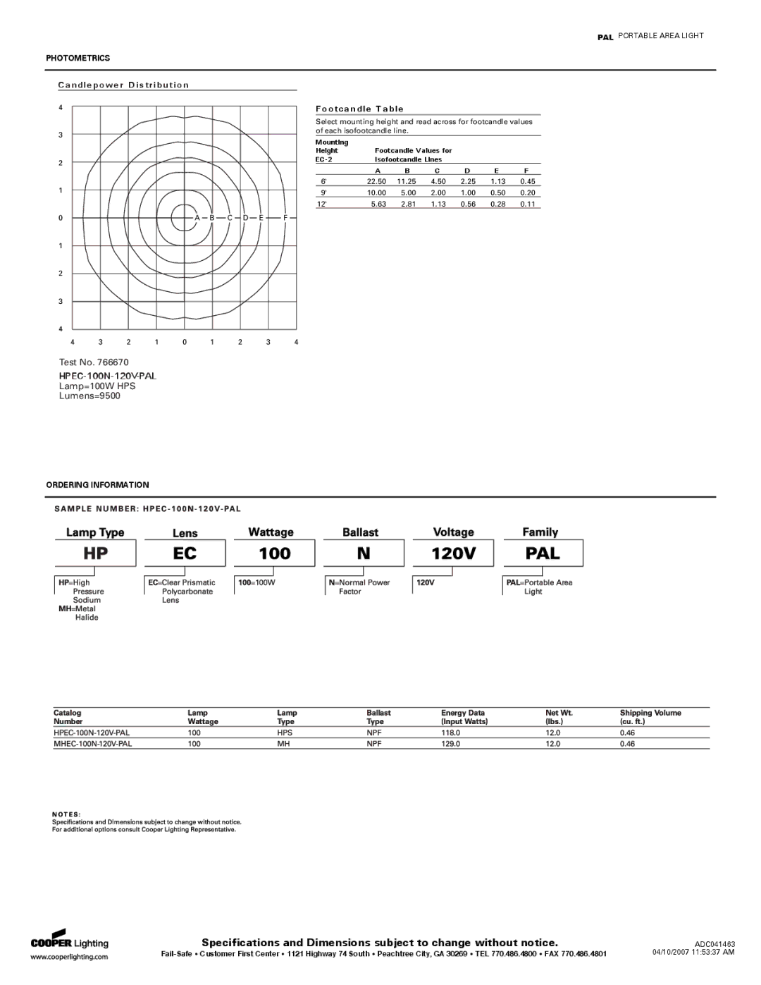 Cooper Lighting specifications HPEC-100N-120V-PAL, Lamp=100W HPS Lumens=9500 