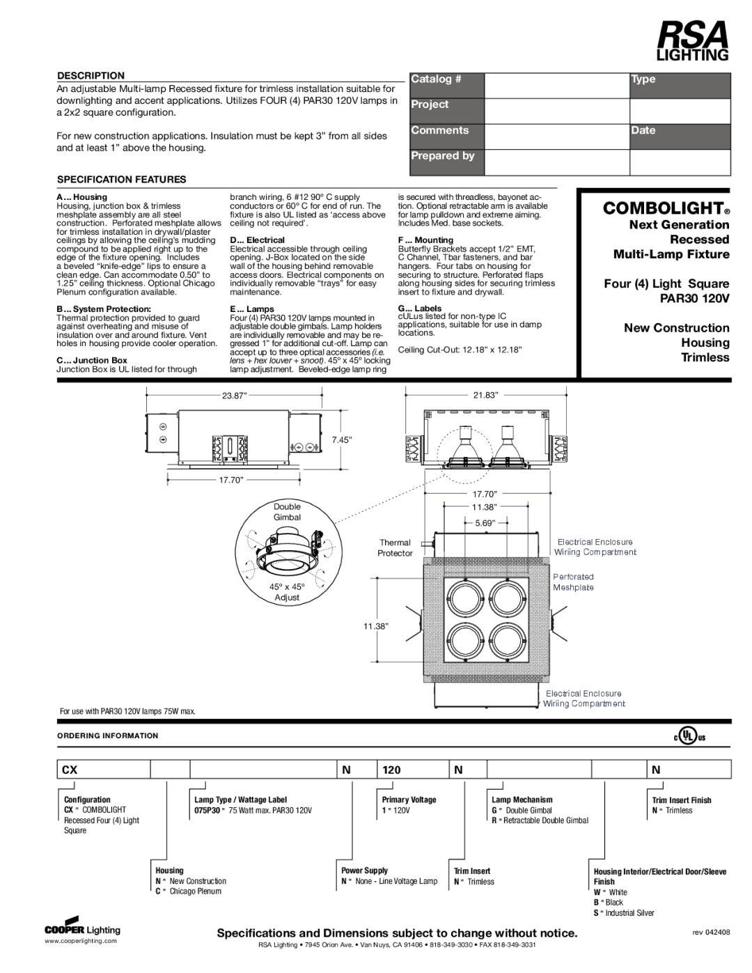 Cooper Lighting PAR30 120V specifications Housing, System Protection, Junction Box, Electrical, Lamps, Mounting, Labels 