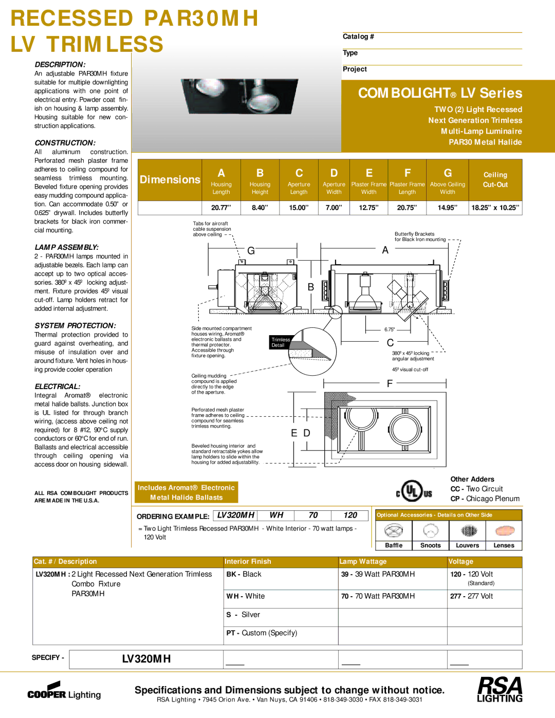 Cooper Lighting LV320MH, PAR30 MH dimensions TWO 2 Light Recessed, Multi-Lamp Luminaire, Metal Halide Ballasts 
