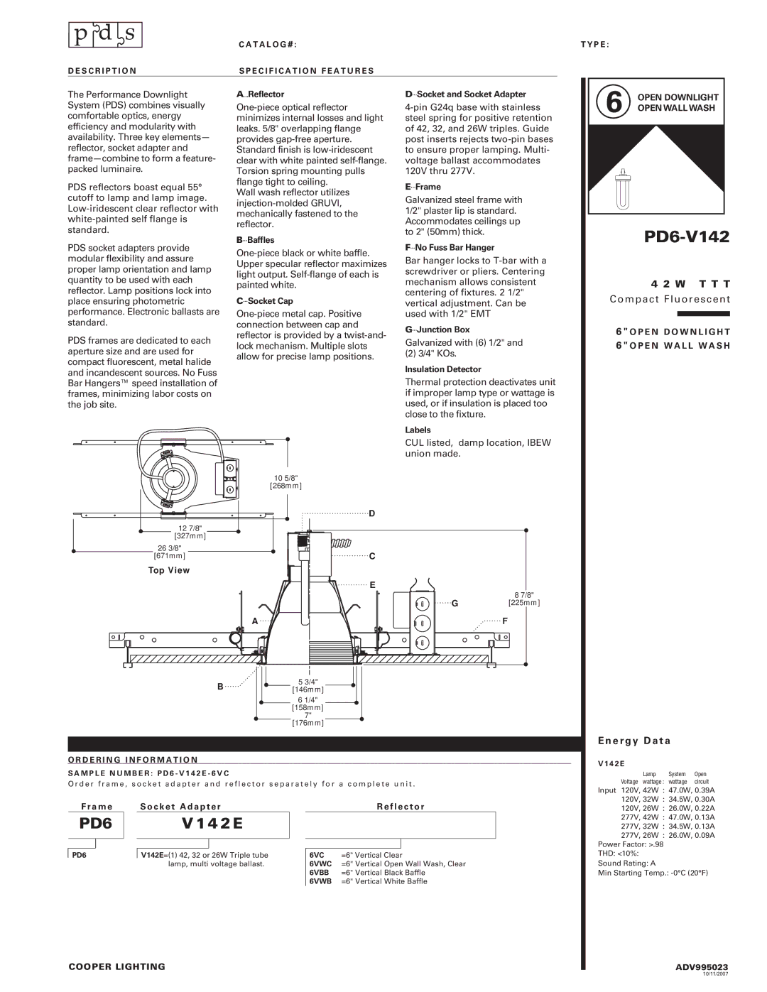 Cooper Lighting PD6-V142 manual T T T, Energy Data 