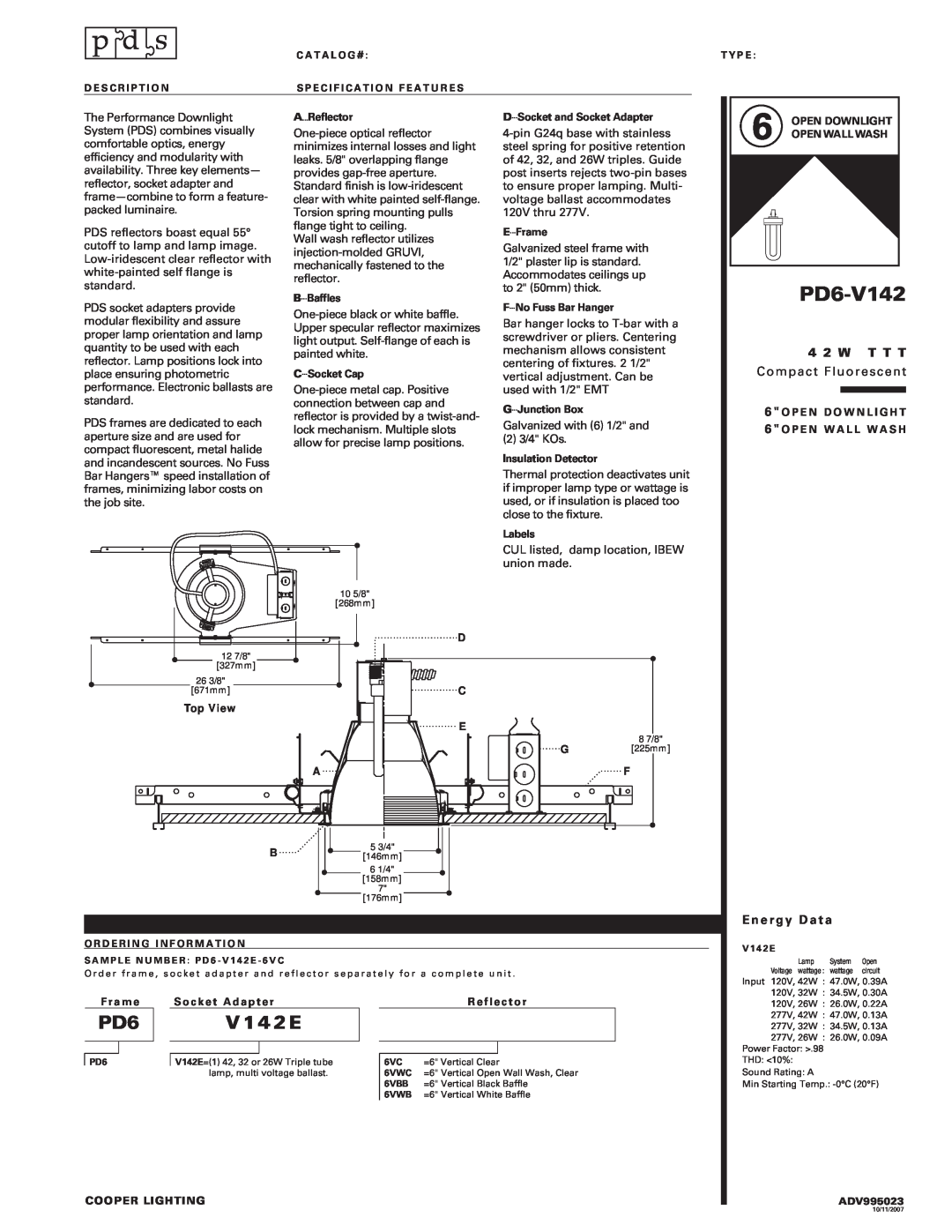 Cooper Lighting PD6-V142 manual V 14 2 E, 4 2 W T T T, Compact Fluorescent, Energy Data 