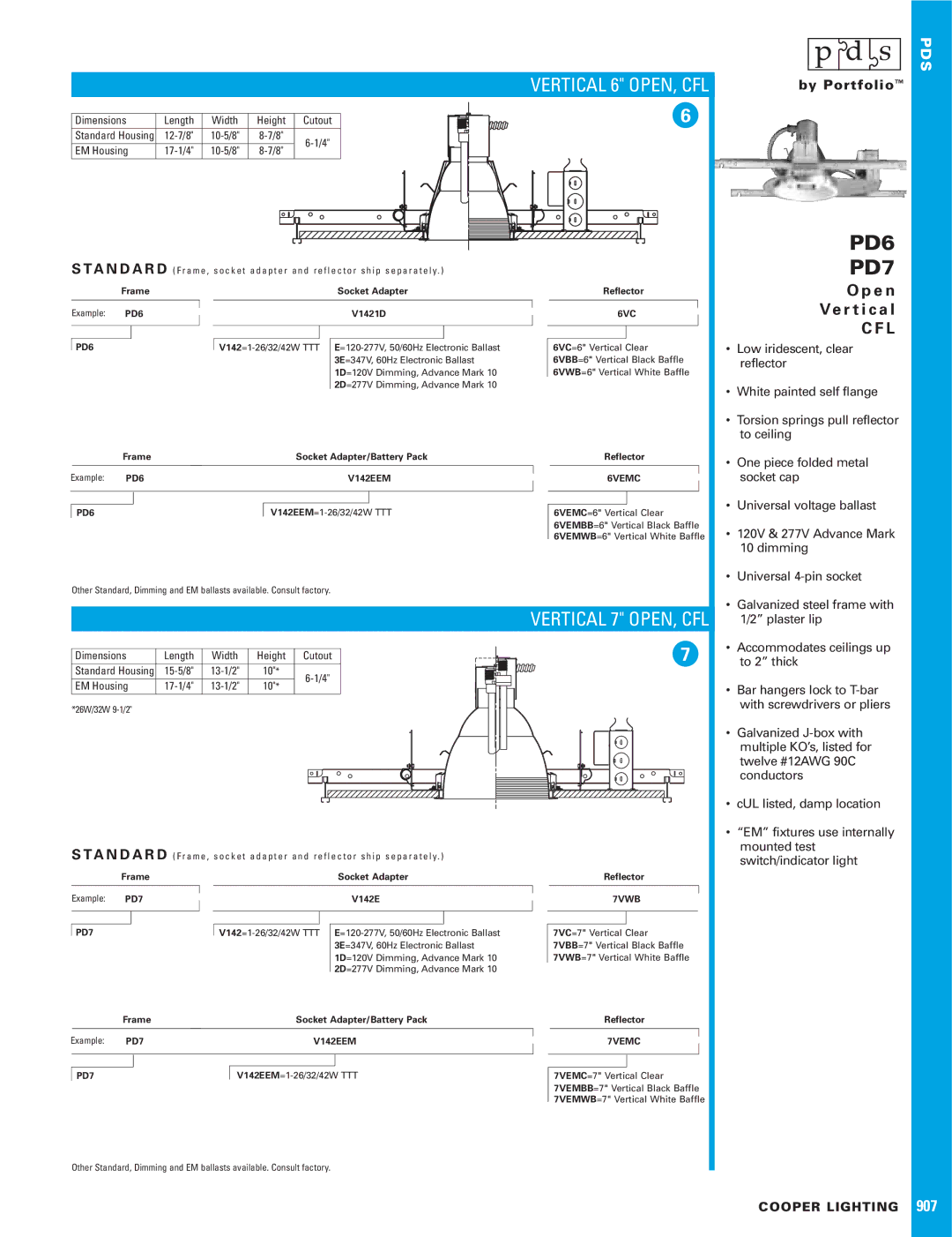 Cooper Lighting PD6 dimensions E n R t i c a l, Dimensions Length Width Height Cutout, 12-7/8, EM Housing 17-1/4, 15-5/8 