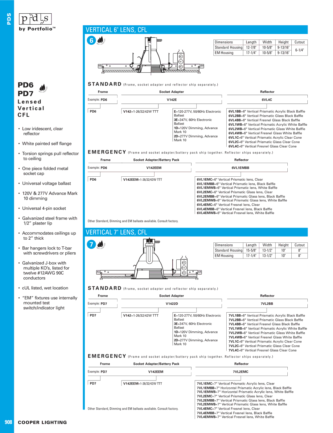 Cooper Lighting PD7, PD6 dimensions Vertical 6 LENS, CFL, Vertical 7 LENS, CFL, N s e d R t i c a l 