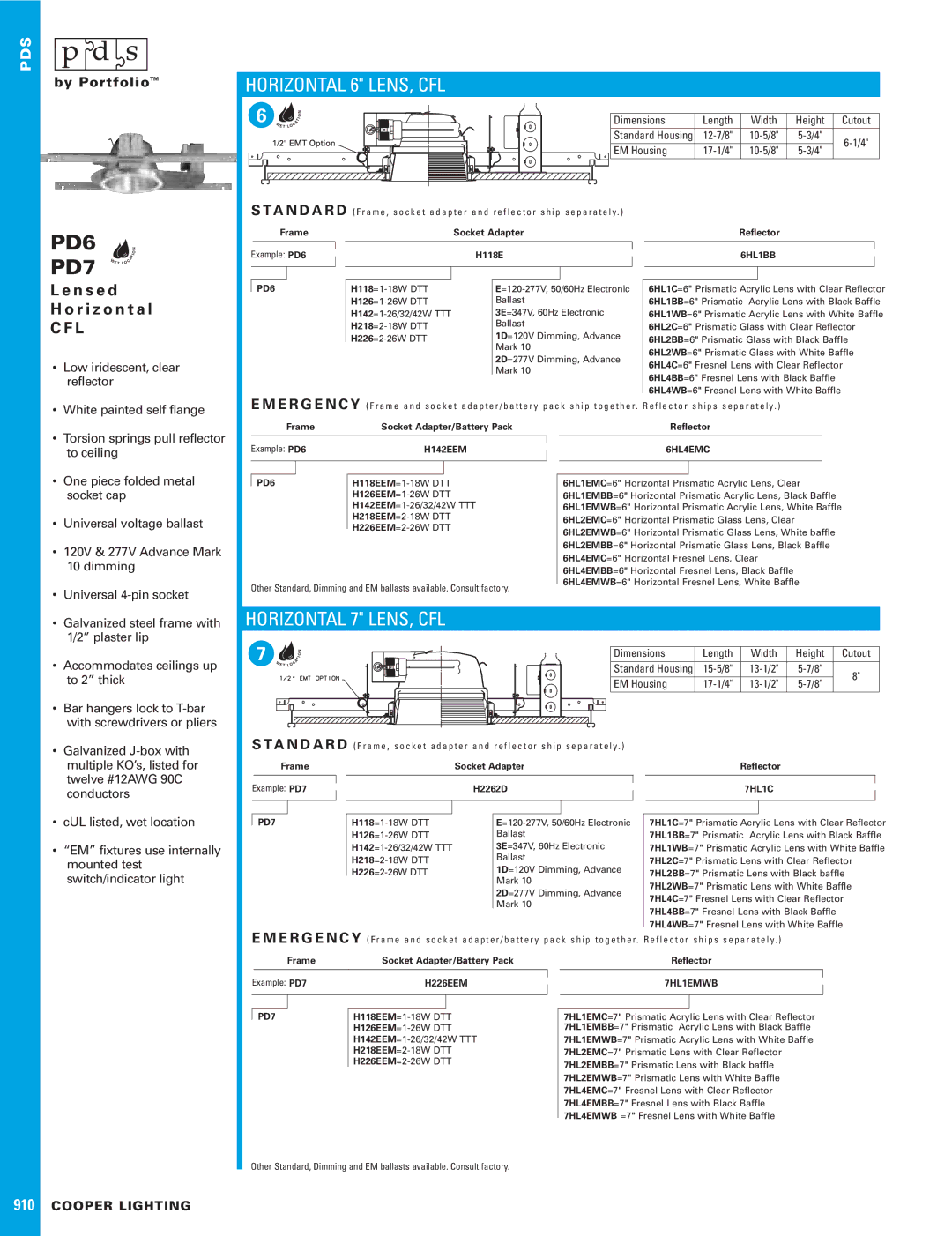 Cooper Lighting PD7, PD6 Horizontal 7 LENS, CFL, N s e d R i z o n t a l, Dimensions Length, Standard Housing 15-5/8 