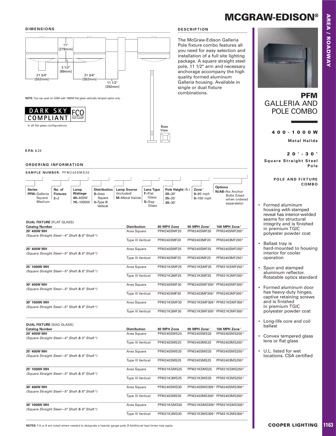 Cooper Lighting PFM dimensions Area, Roadway, Fixtures Wattage, Dual Fixture Flat Glass, Dual Fixture SAG Glass 