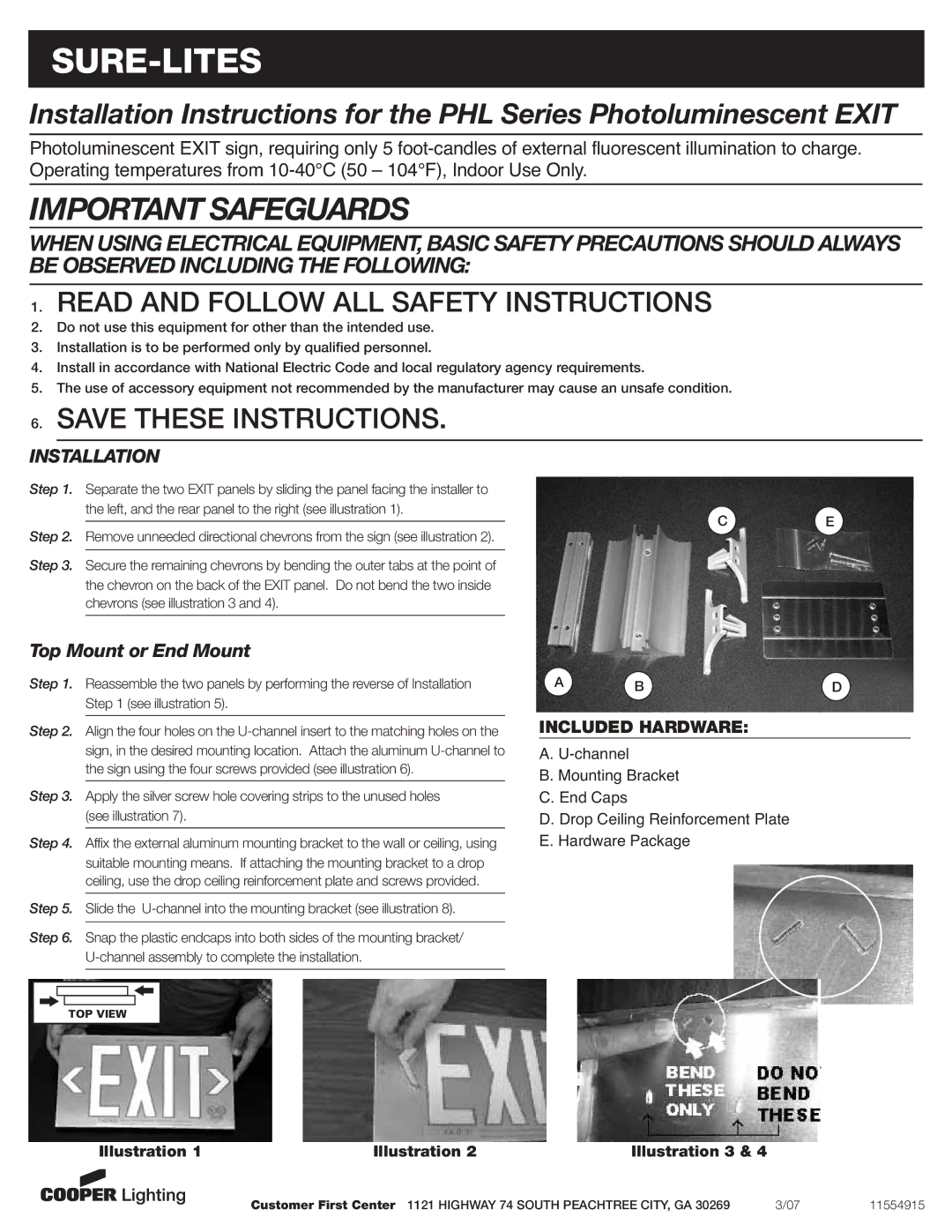 Cooper Lighting PHL Series installation instructions Sure-Lites, Important Safeguards, Installation 