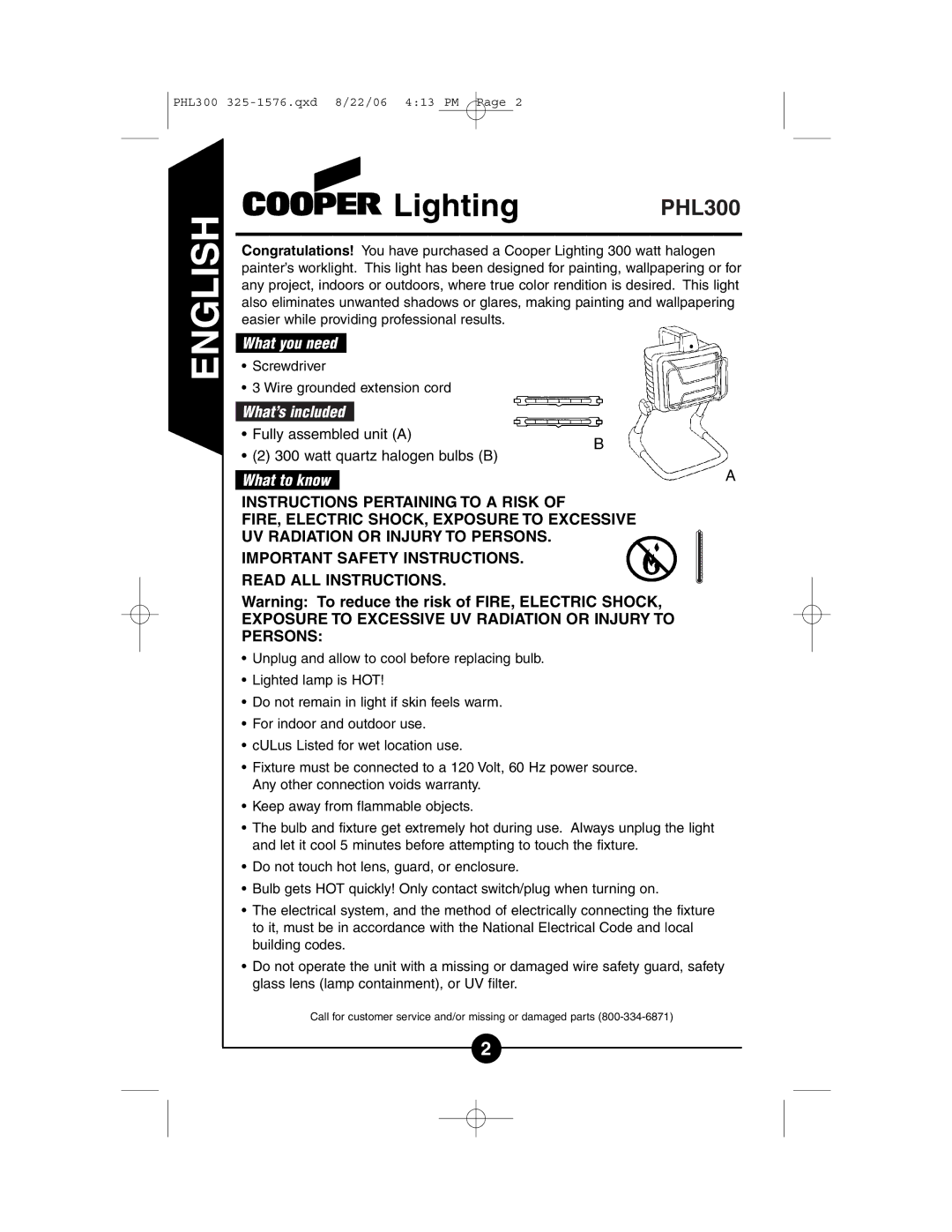 Cooper Lighting PHL300 instruction manual English 