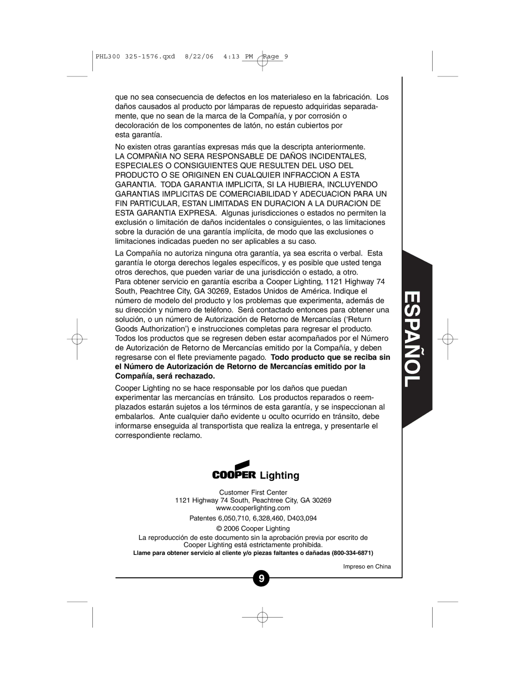 Cooper Lighting PHL300 instruction manual Impreso en China 