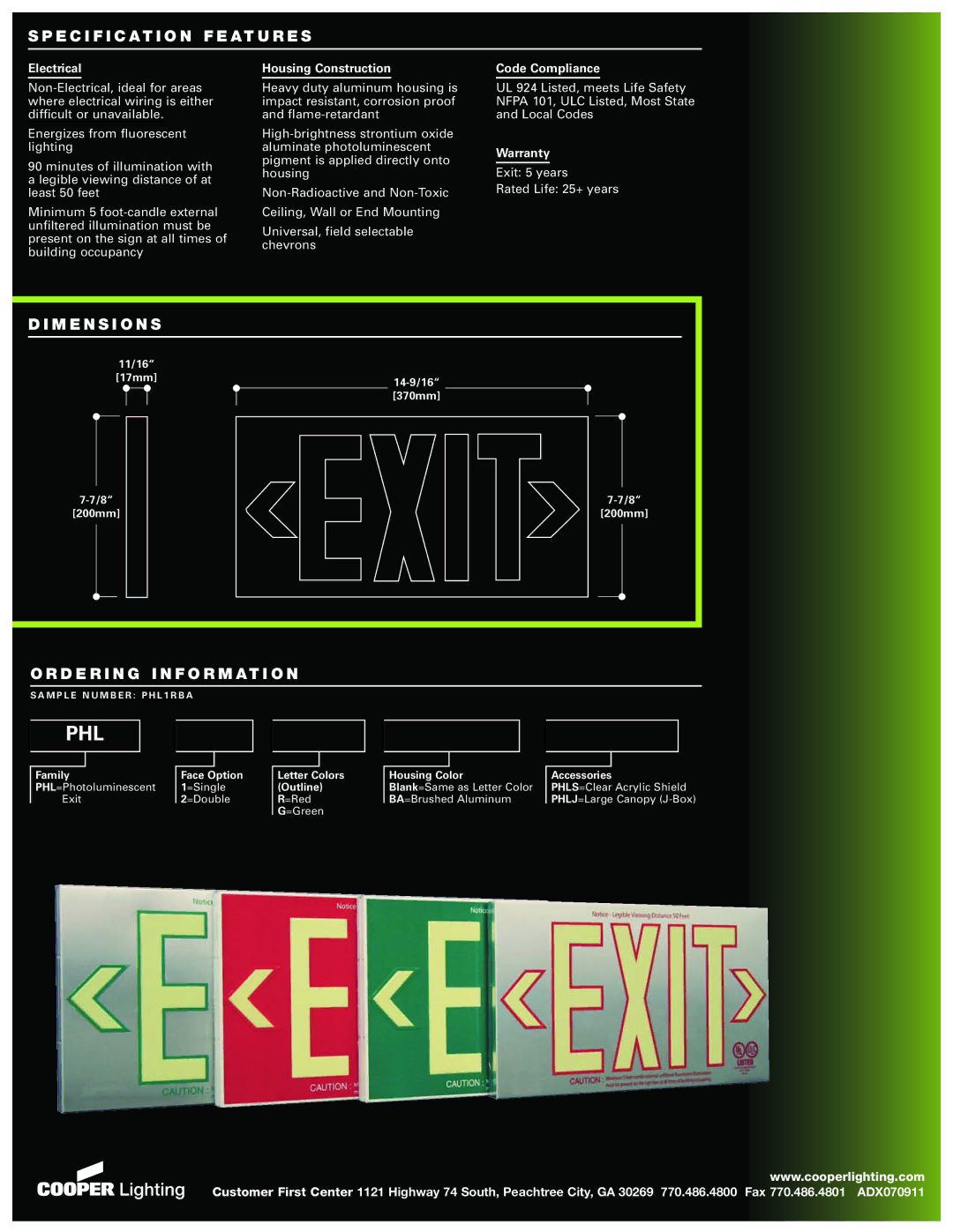 Cooper Lighting Photoluminescent Exit Signs manual Phl, E C I F I C At I O N F E At U R E S, M E N S I O N S 