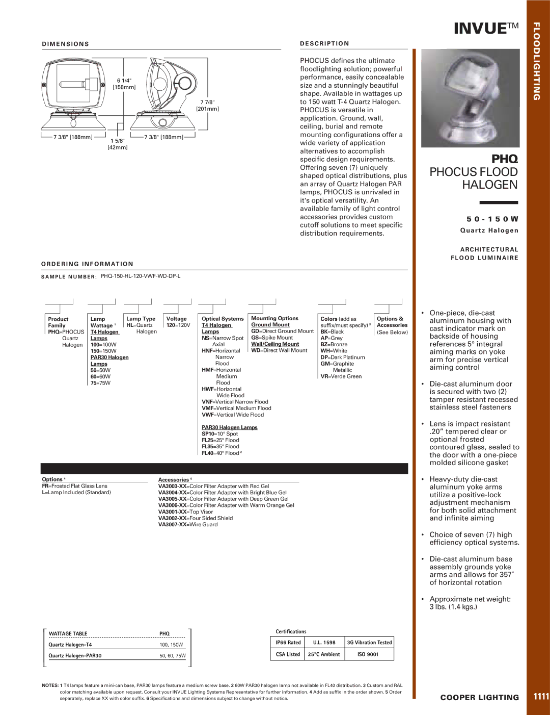 Cooper Lighting dimensions Phq, Wattage Table PHQ 