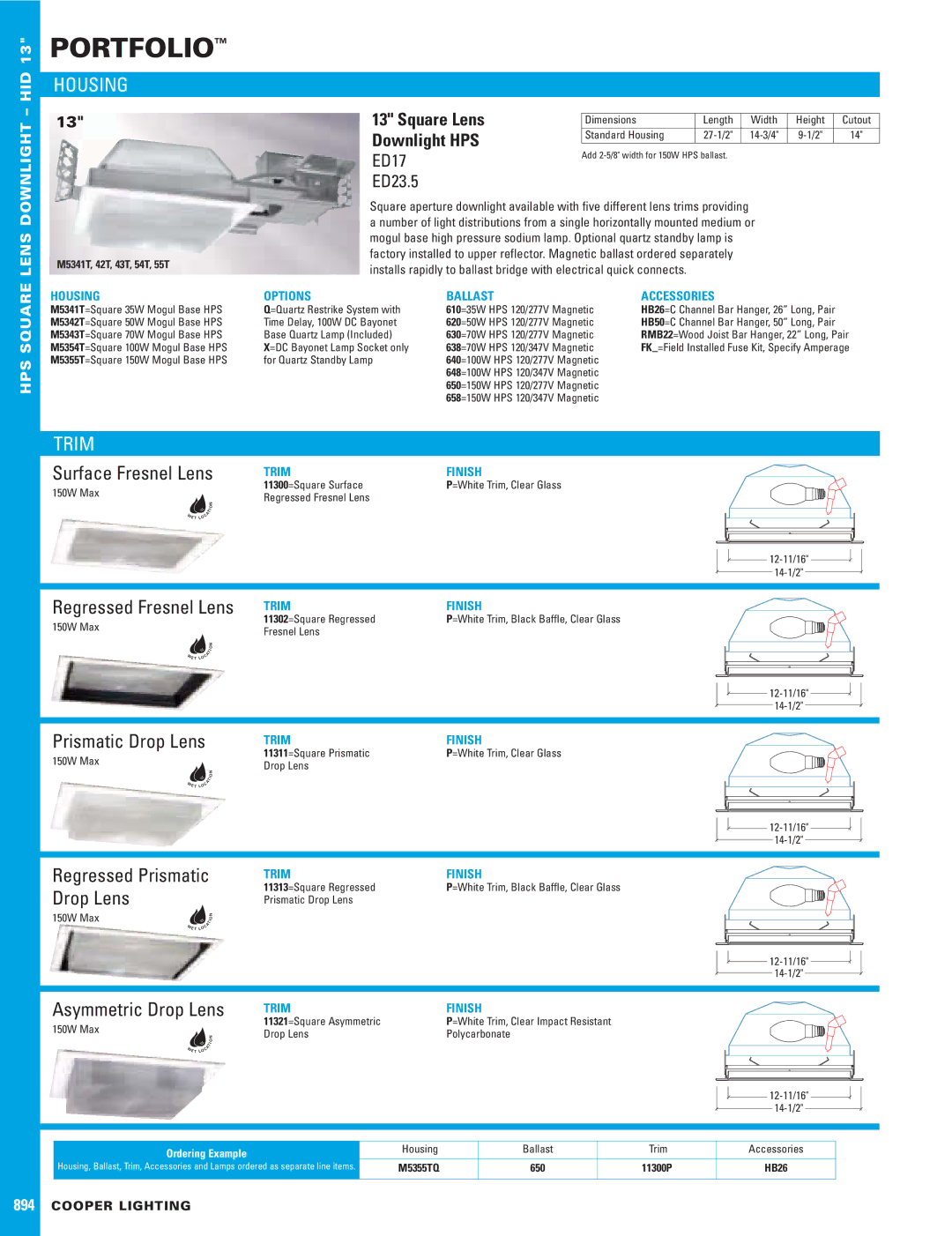 Cooper Lighting P/I-XP55T2P4 dimensions Surface Fresnel Lens, Regressed Fresnel Lens, Prismatic Drop Lens 