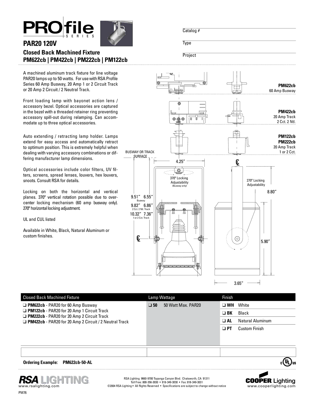 Cooper Lighting specifications PM422cb, PM122cb, PM222cb, Ordering Example PM622cb-50-AL 